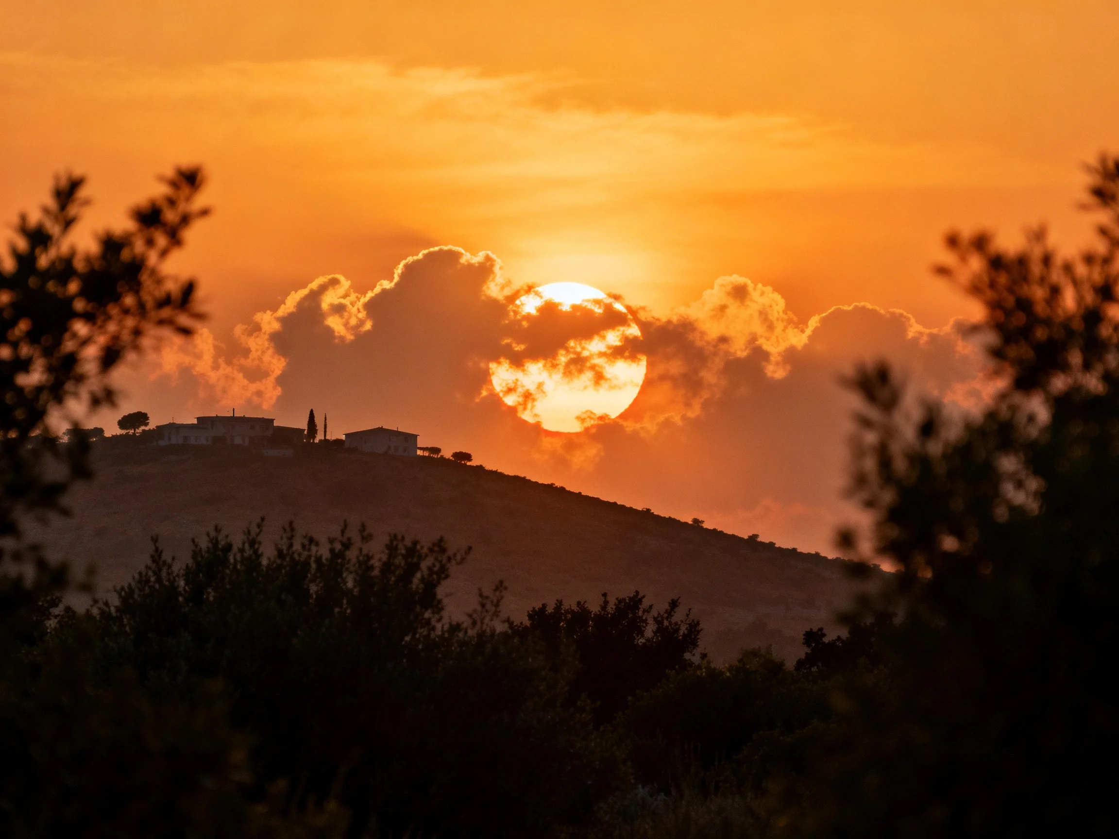 Golden Sunset Over Rolling Hills with Silhouetted Buildings