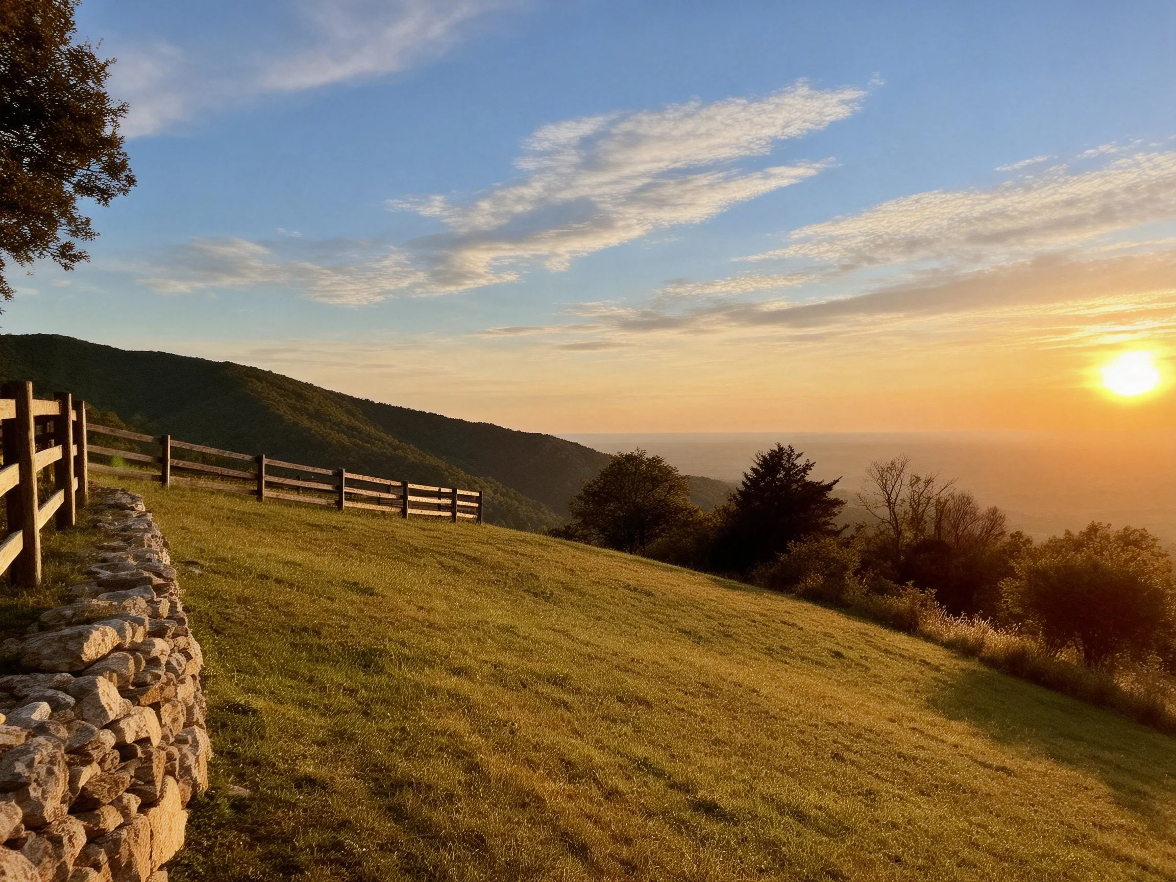 Golden Sunset Over Rolling Hills with Wooden Fence