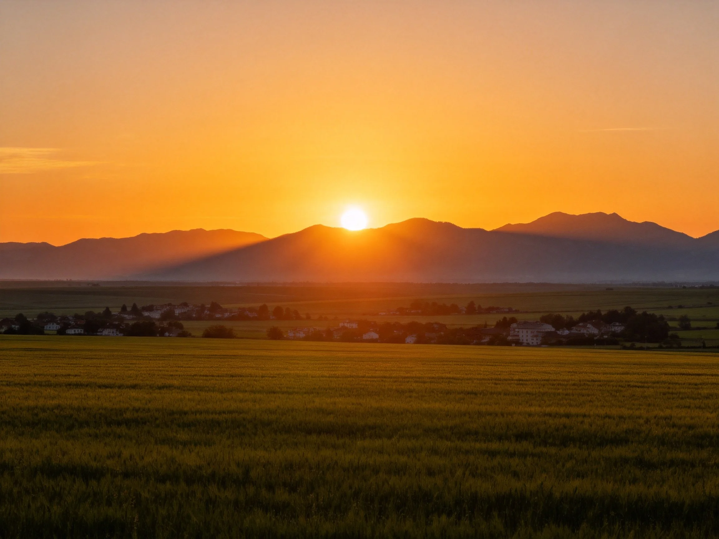 Golden Sunset Over Rolling Mountains and Lush Fields