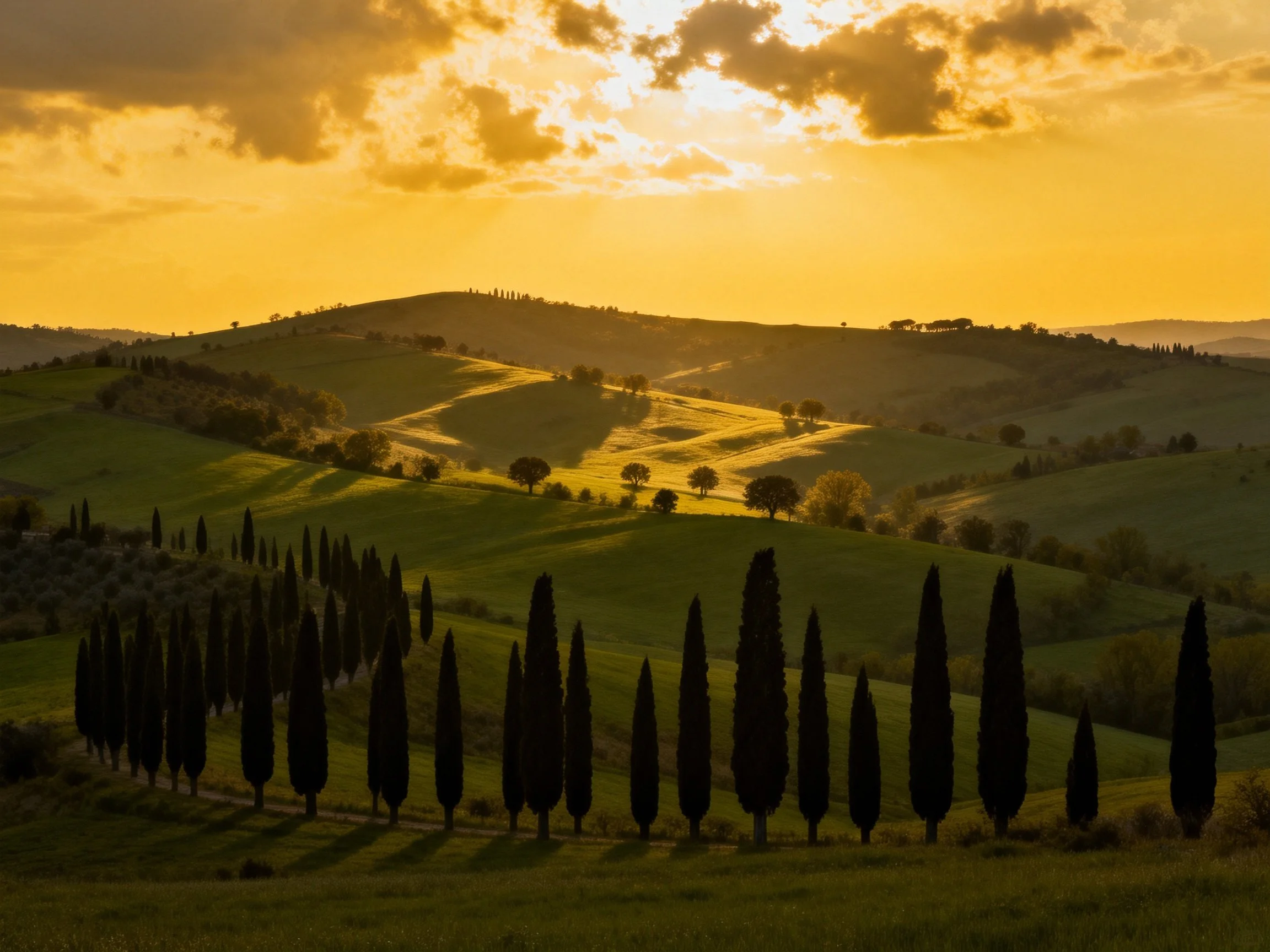 Golden Sunset Over Rolling Tuscan Hills with Cypress Trees