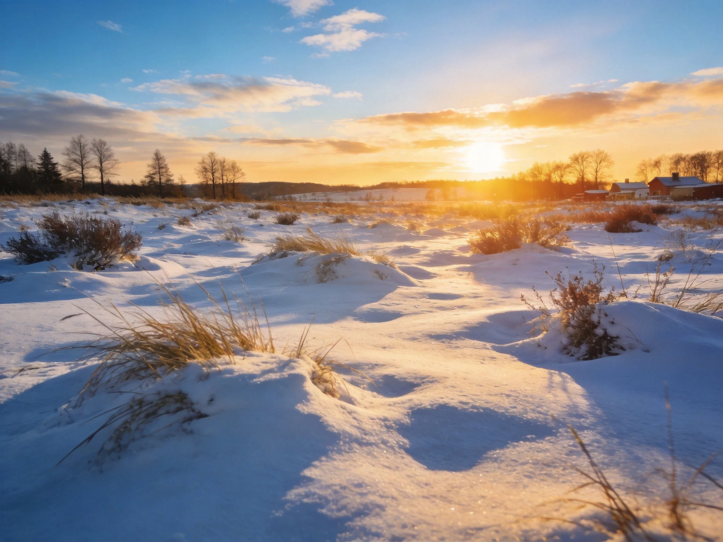 Golden Sunset Over Snowy Field With Rural Buildings