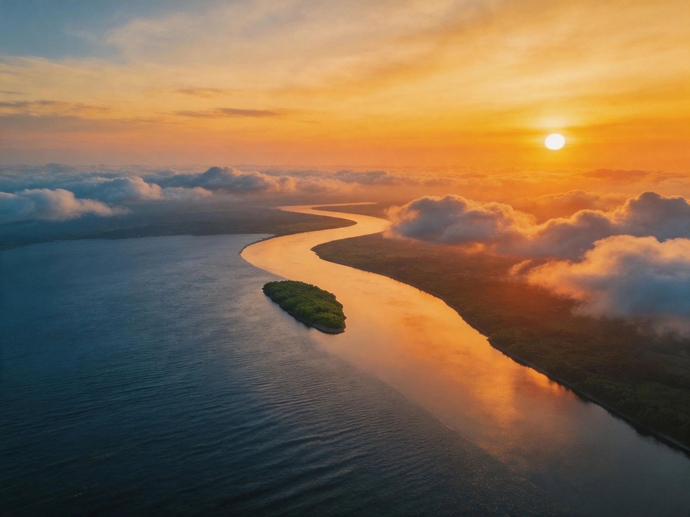 Golden Sunset Over Winding River With Central Island