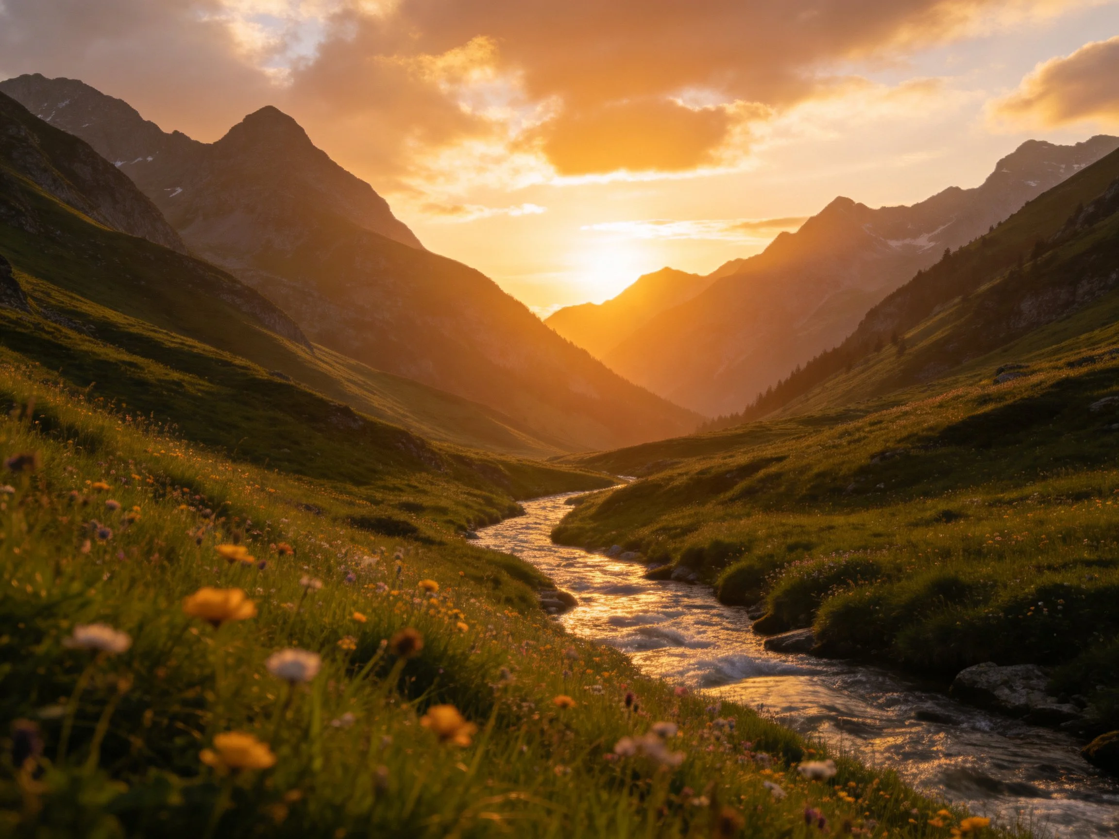 Golden Sunset OverMountain Valley With Flowing Stream