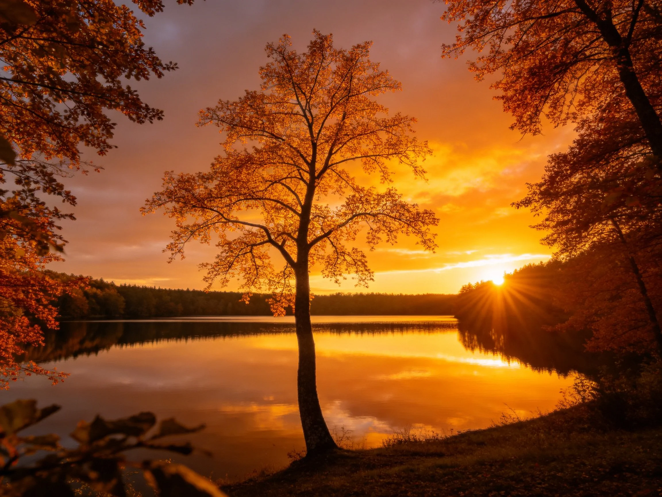 Golden Sunset Reflects Off Calm Lake Amid Autumn Foliage