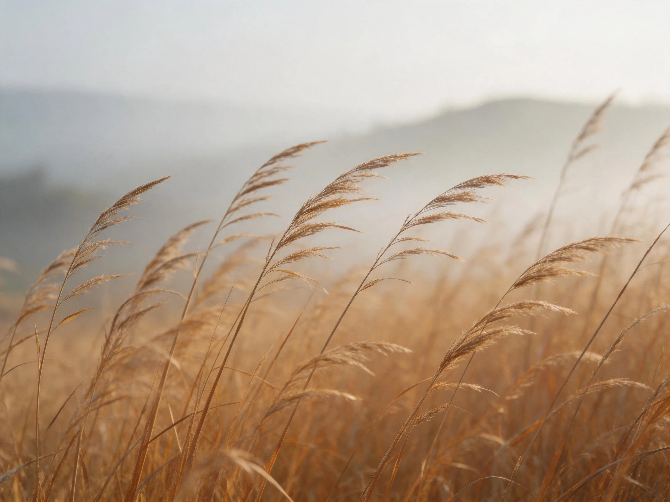 Golden Tall Grasses Swaying in a Misty Field