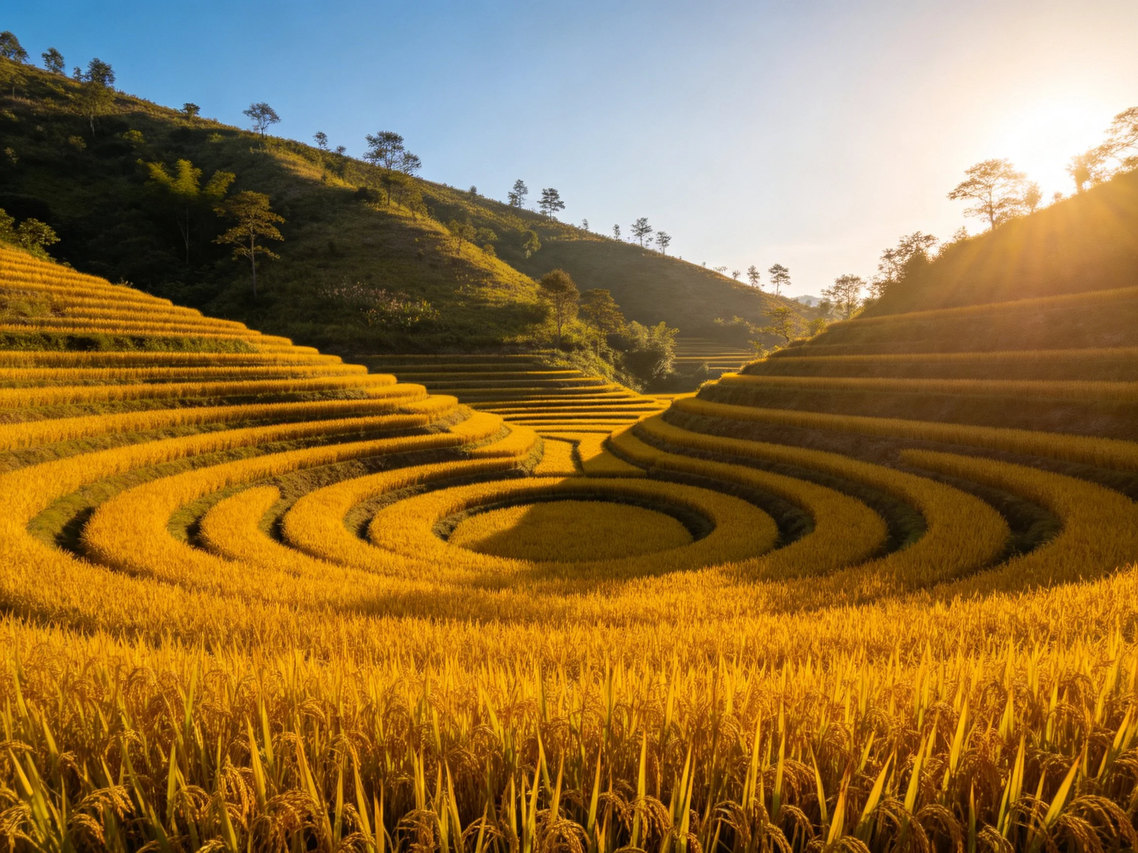 Golden Terraced Rice Fields with Circular Patterns