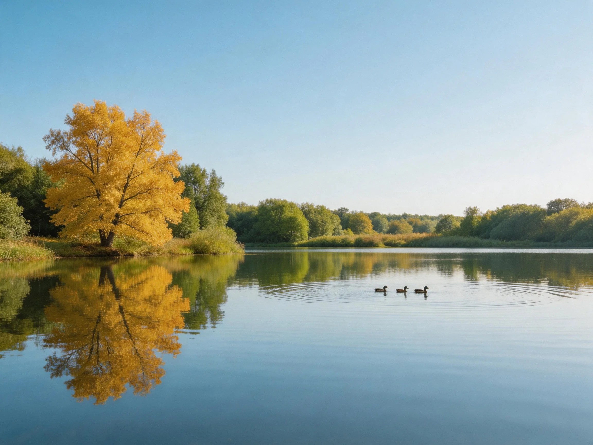 Golden Tree Reflects in Calm Lake with Three Ducks