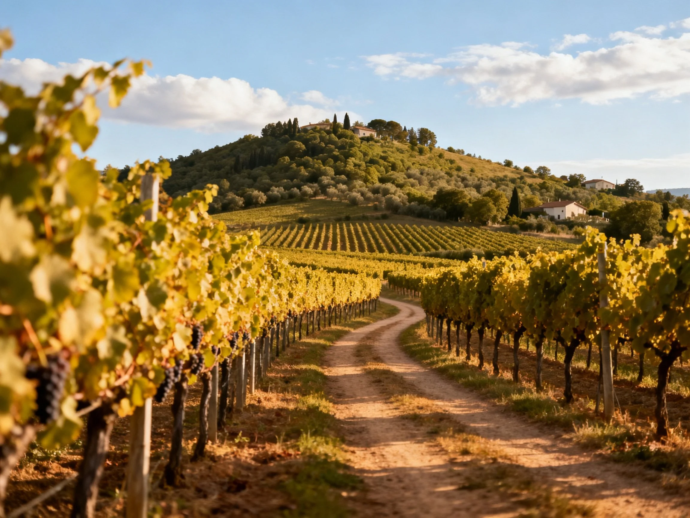 Golden Vineyard Rows Along Winding Dirt Path Under Blue Sky