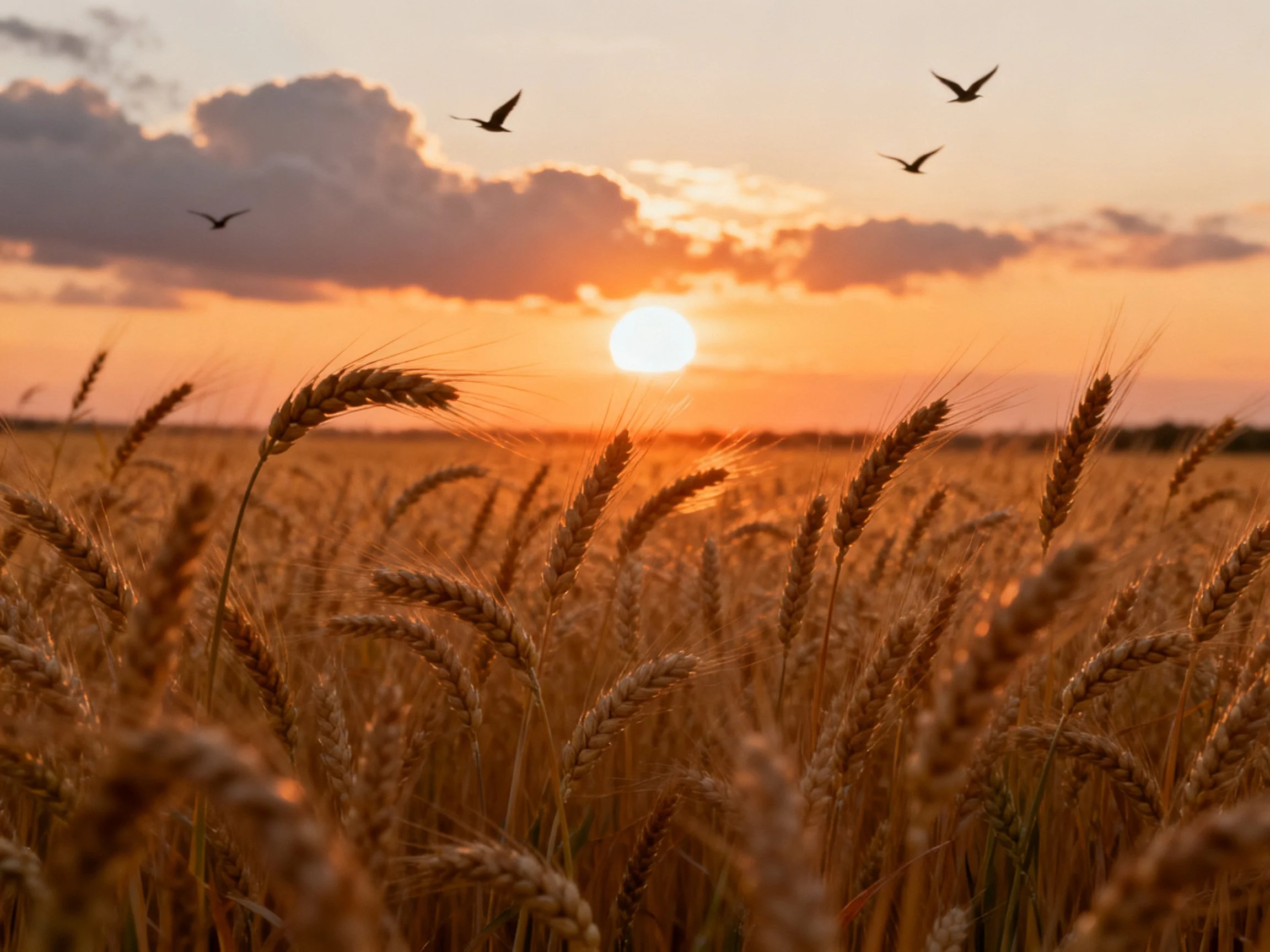 Golden Wheat Field at Sunset with Birds Flying