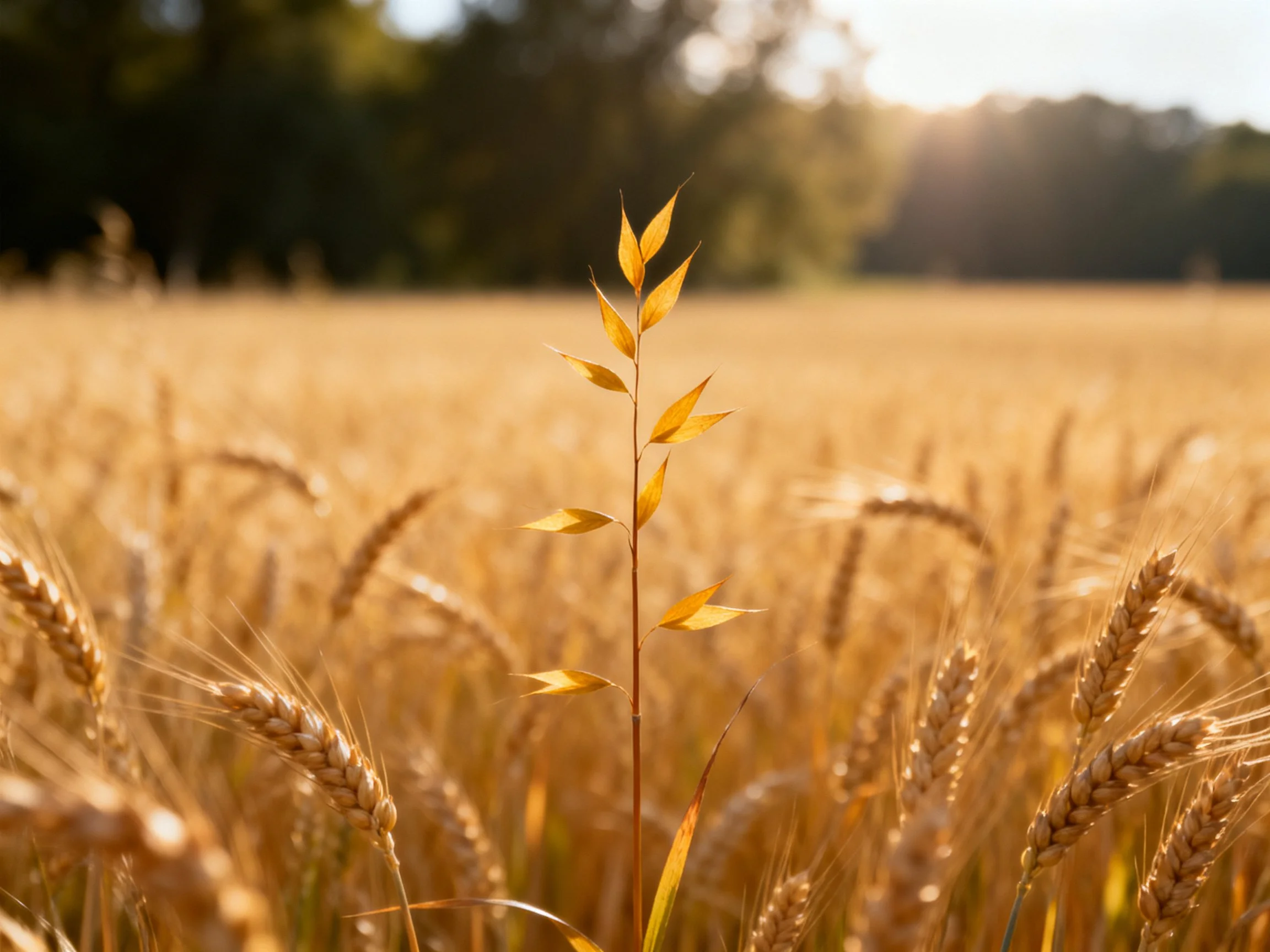 Golden Wheat Field with an Isolated Yellow-Leaved Plant