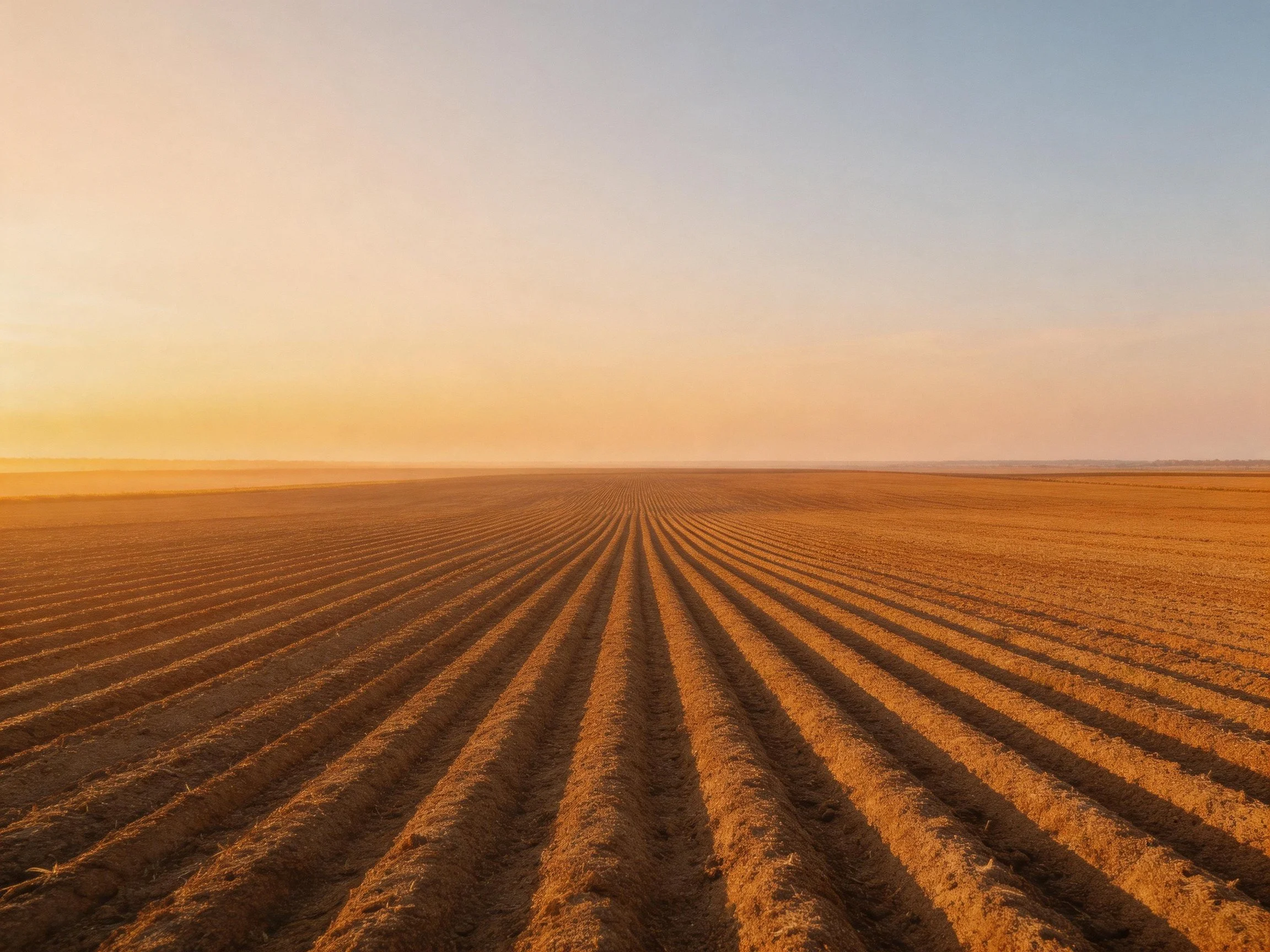 Golden agricultural field with parallel soil ridges under warm sunset sky