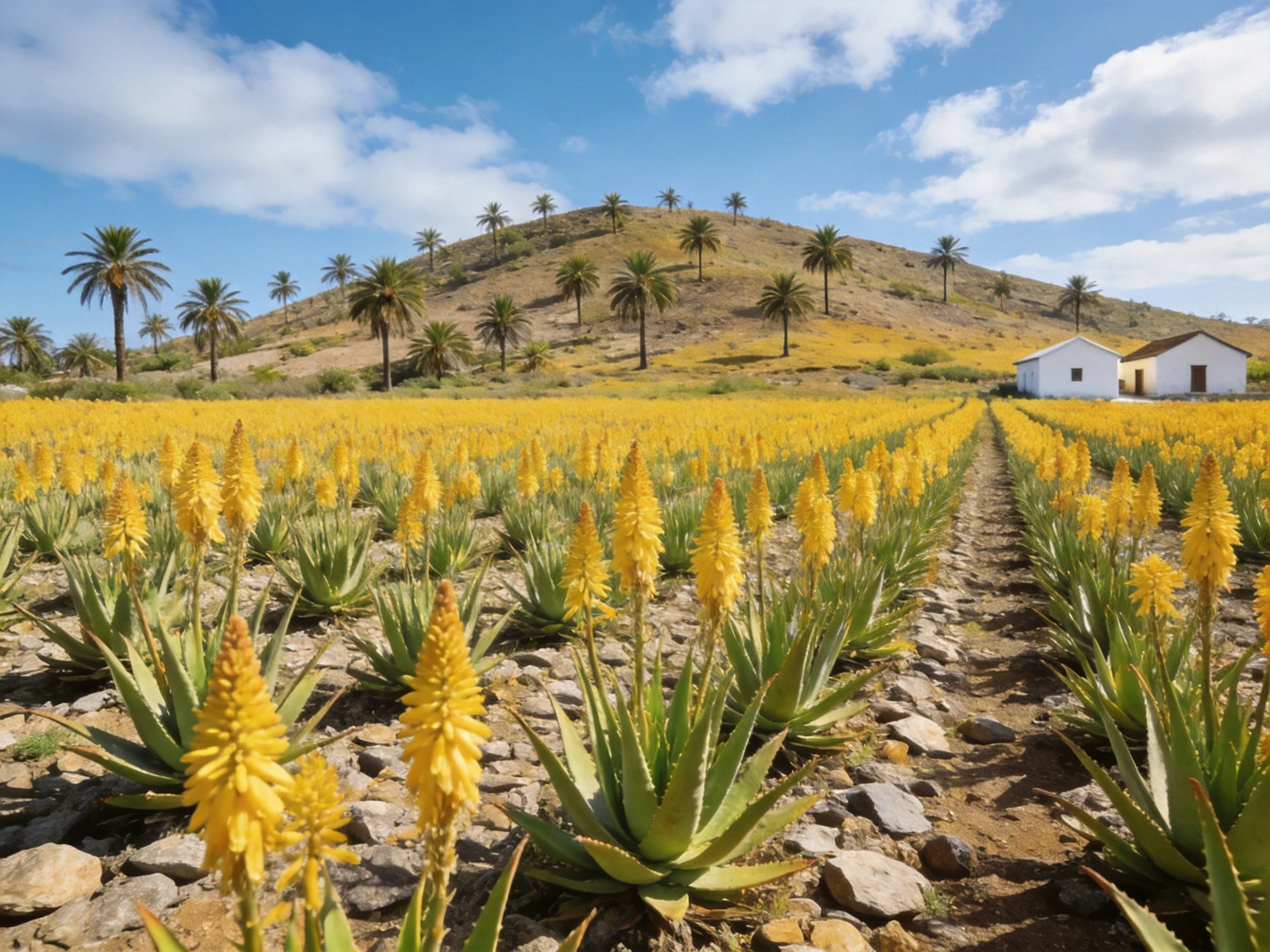 Golden aloe fields near palm-covered hillside