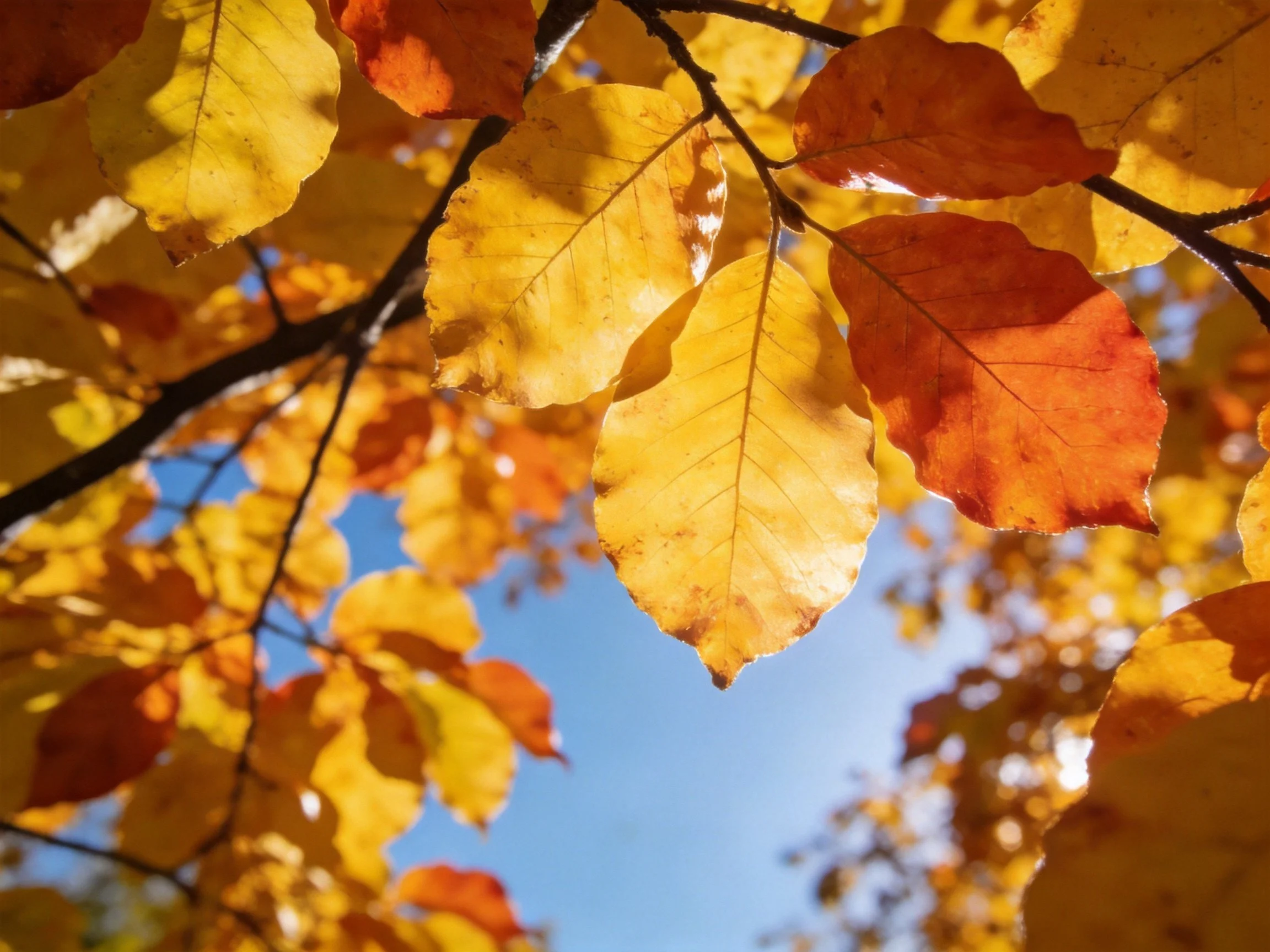 Golden and crimson autumn leaves against blue sky