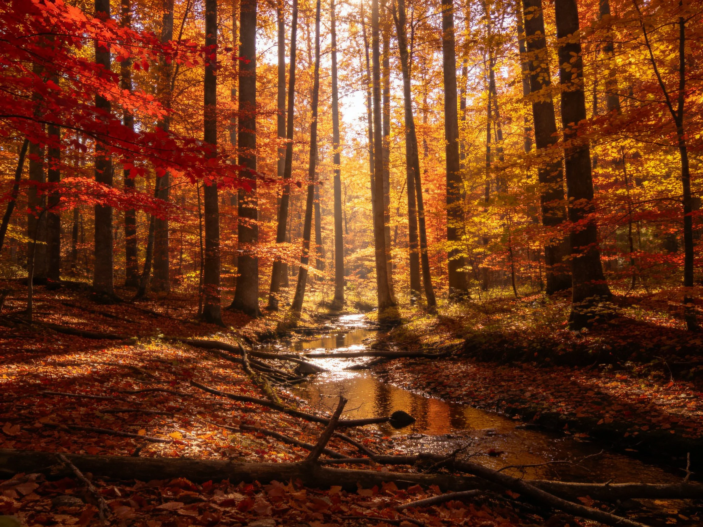 Golden and crimson leaves surround a sunlit forest stream