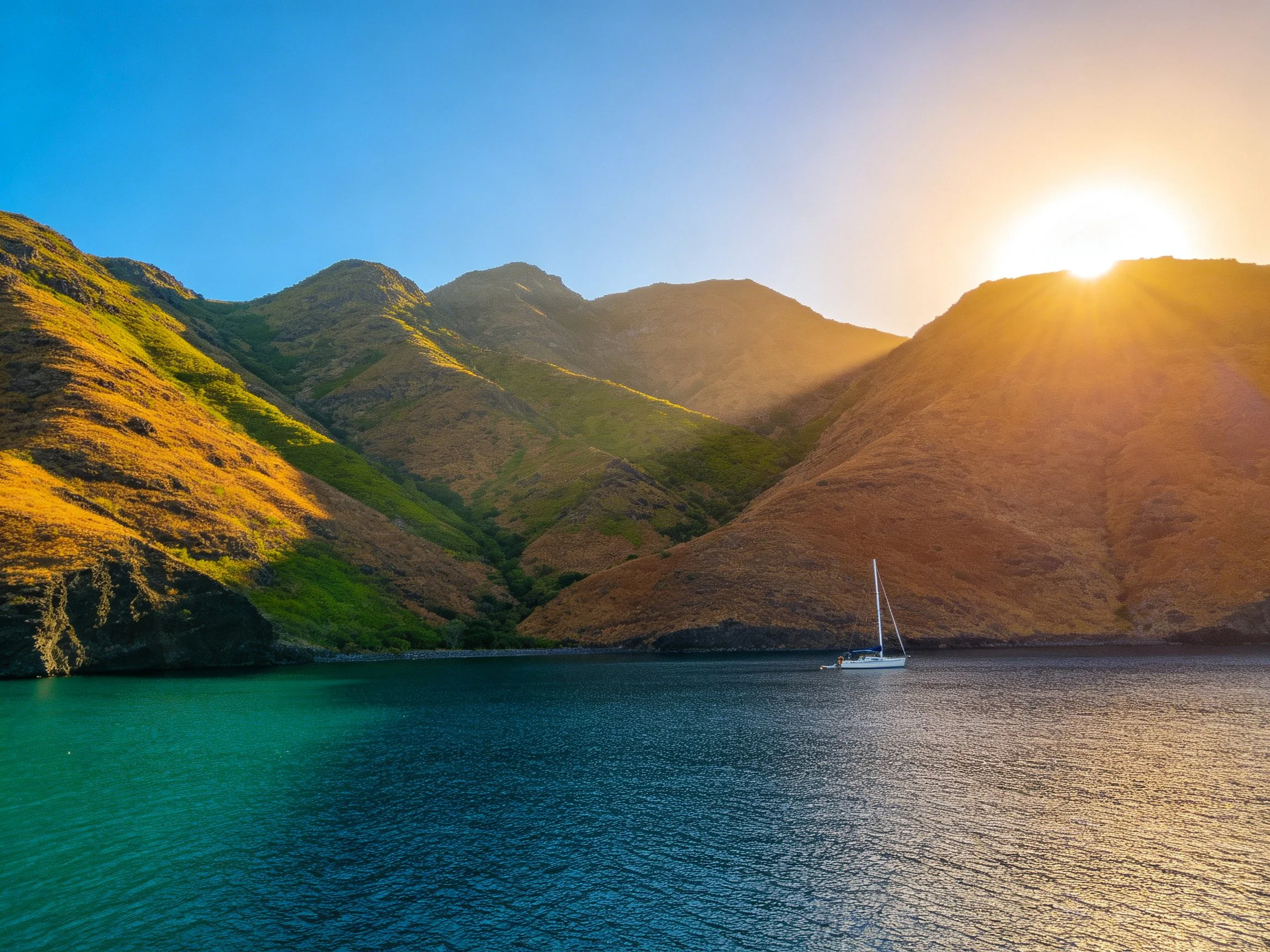 Golden and green mountain slopes border turquoise waters with a white sailboat under bright sunlight