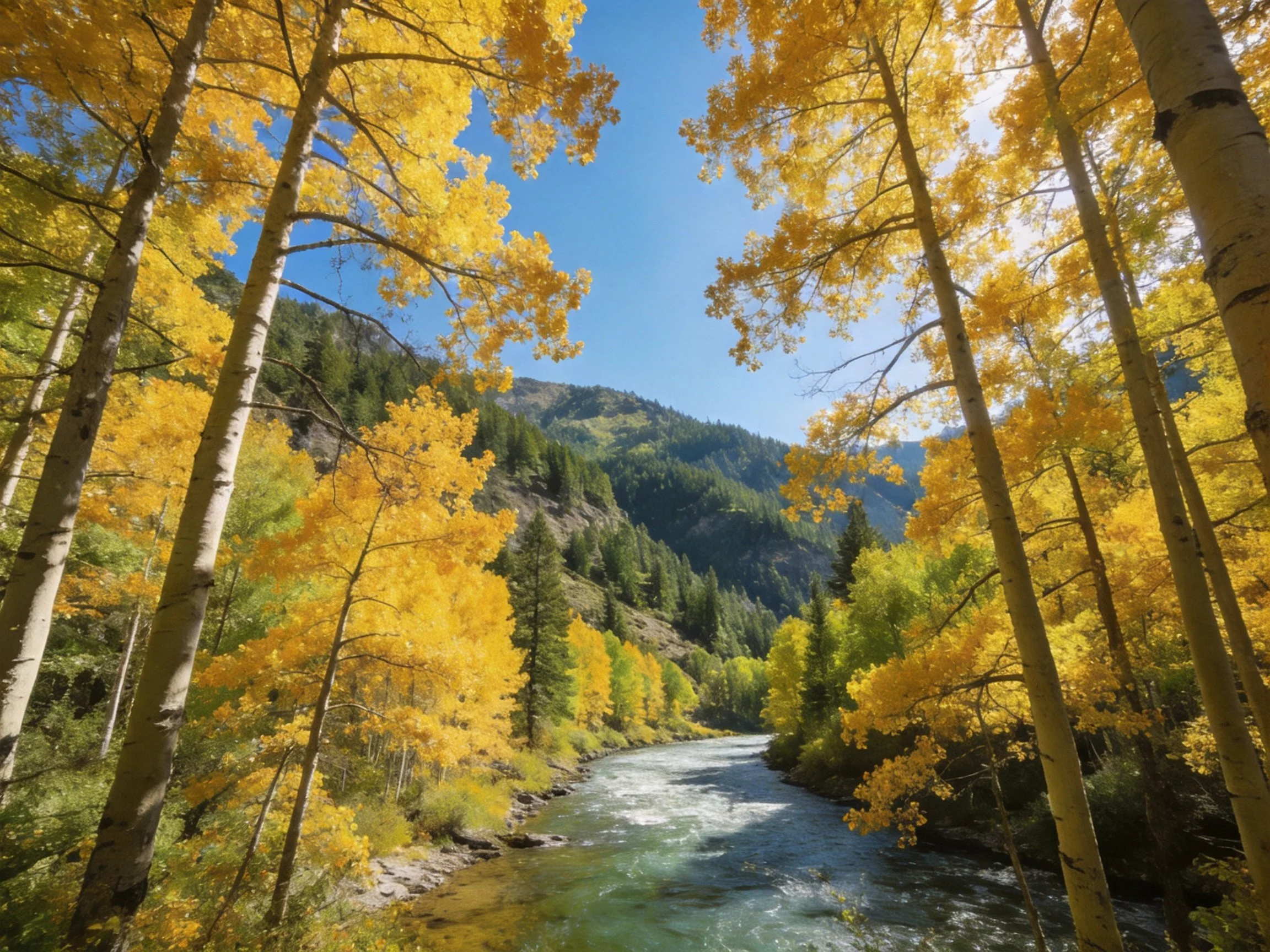 Golden aspen trees encircle a winding river in a mountainous forest landscape