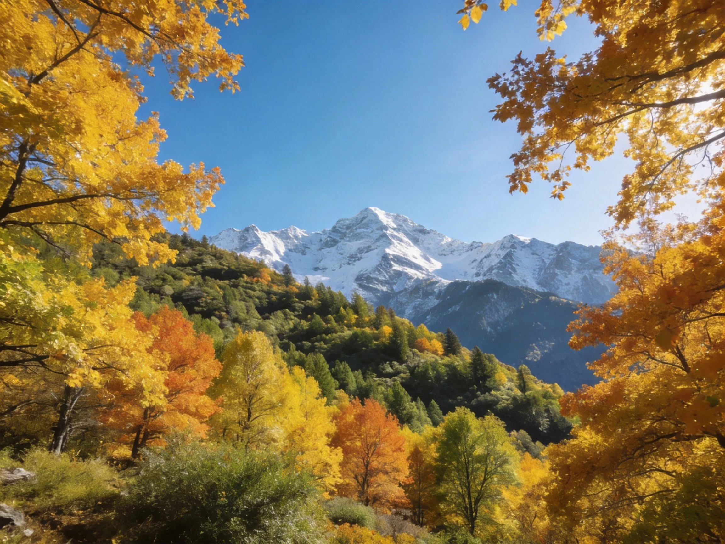 Golden autumn foliage frames majestic snow-capped mountains