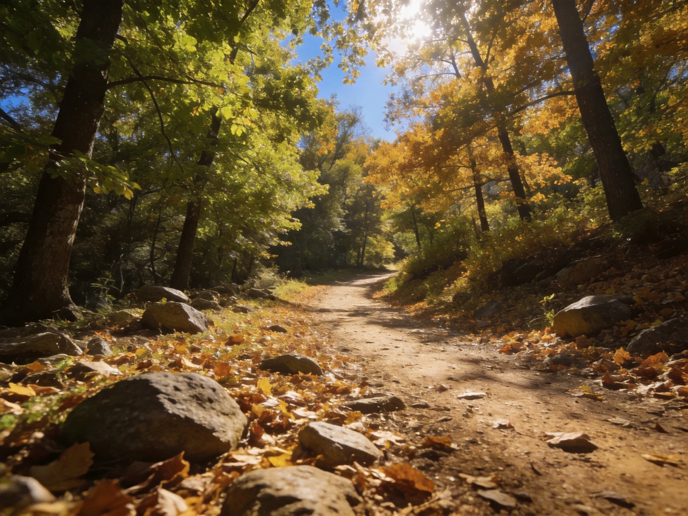 Golden autumn forest path with sun-dappled sunlight