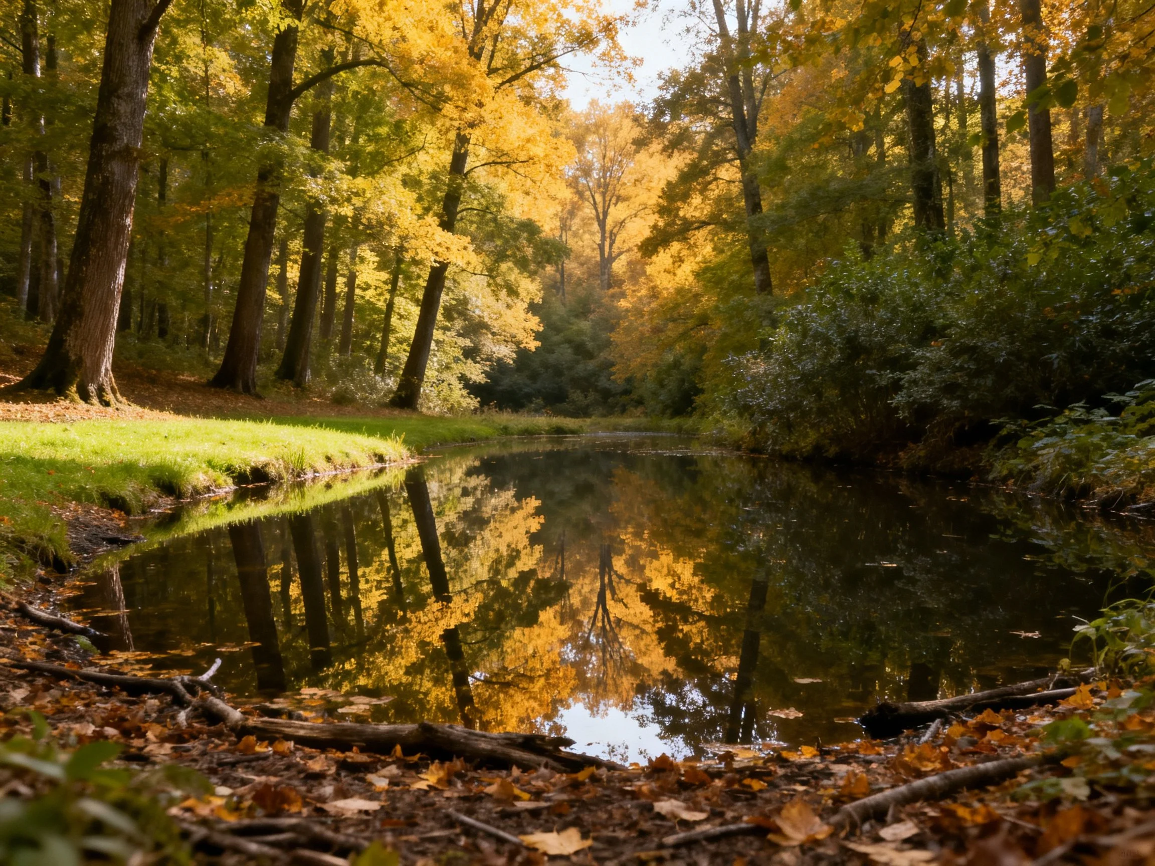 Golden autumn forest reflected in calm woodland stream