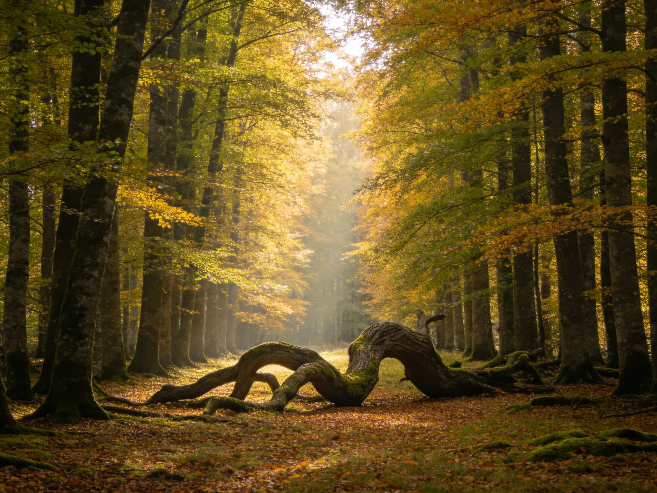 Golden autumn forest with a fallen tree trunk