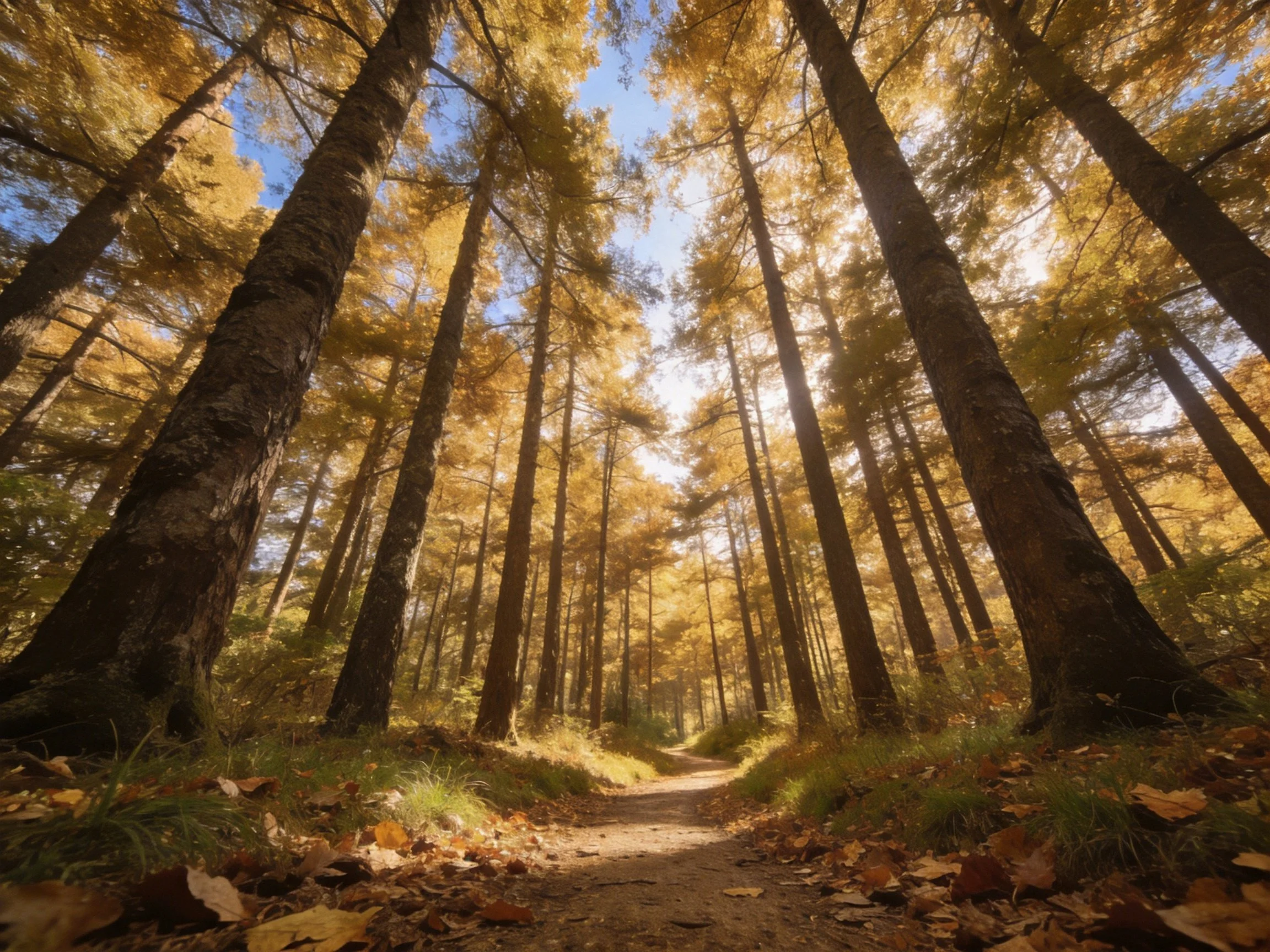 Golden autumn forest with tall trees and sunlit trail