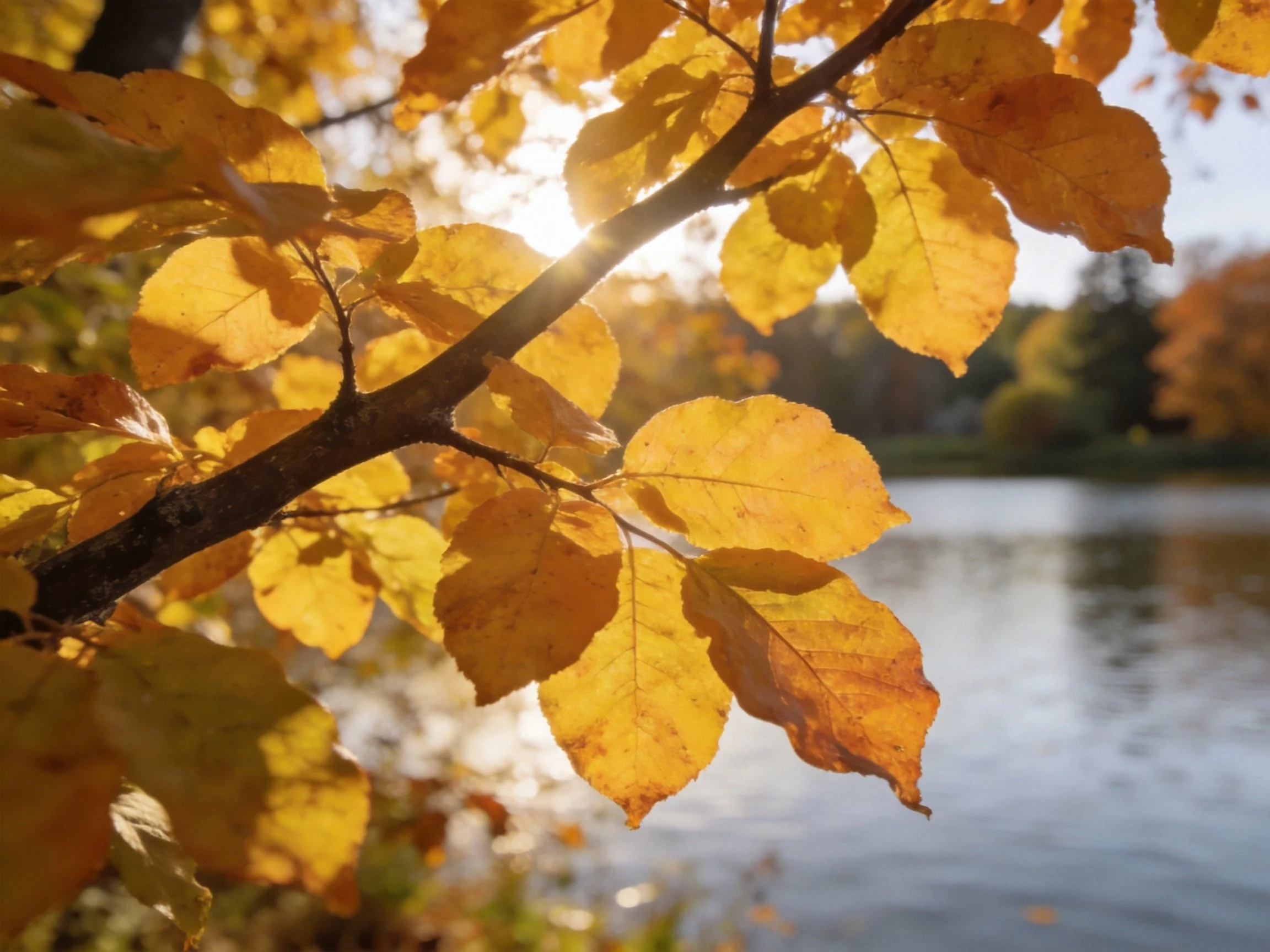Golden autumn leaves illuminated by sunlight near calm water