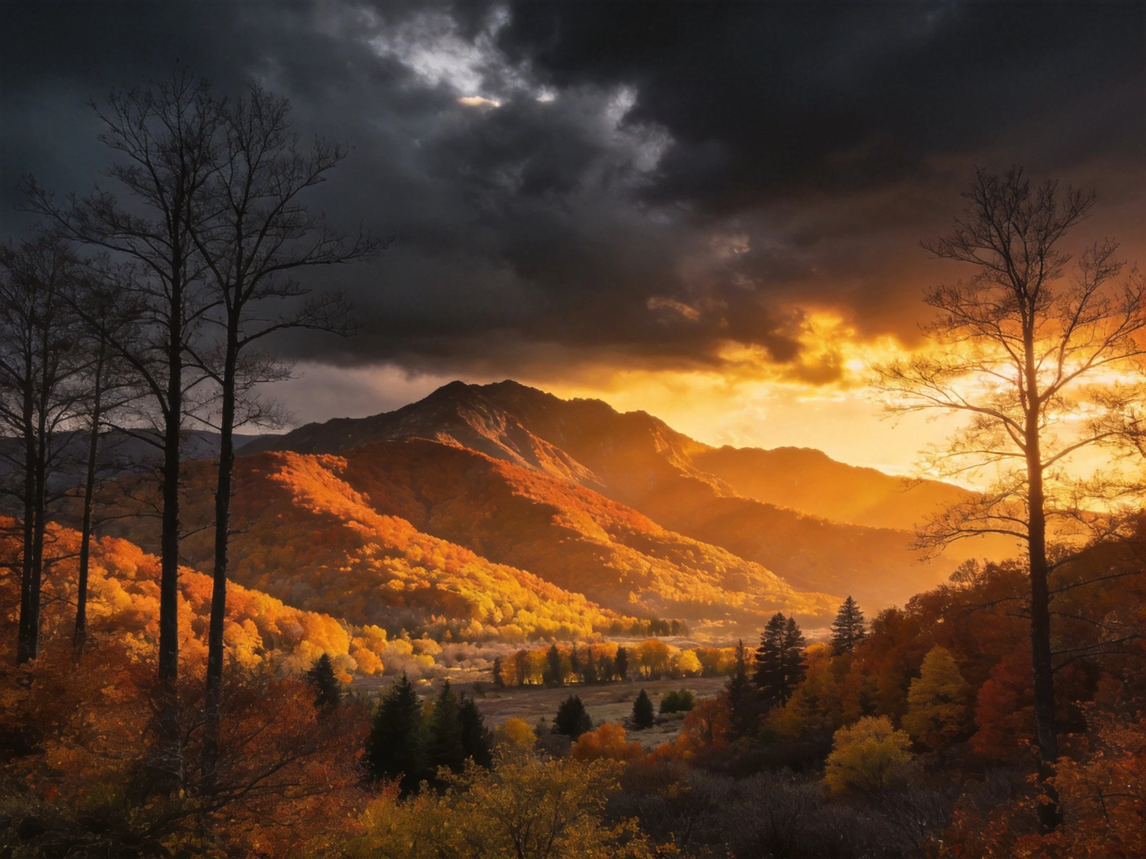 Golden autumn mountains illuminated by warm light amid dark clouds