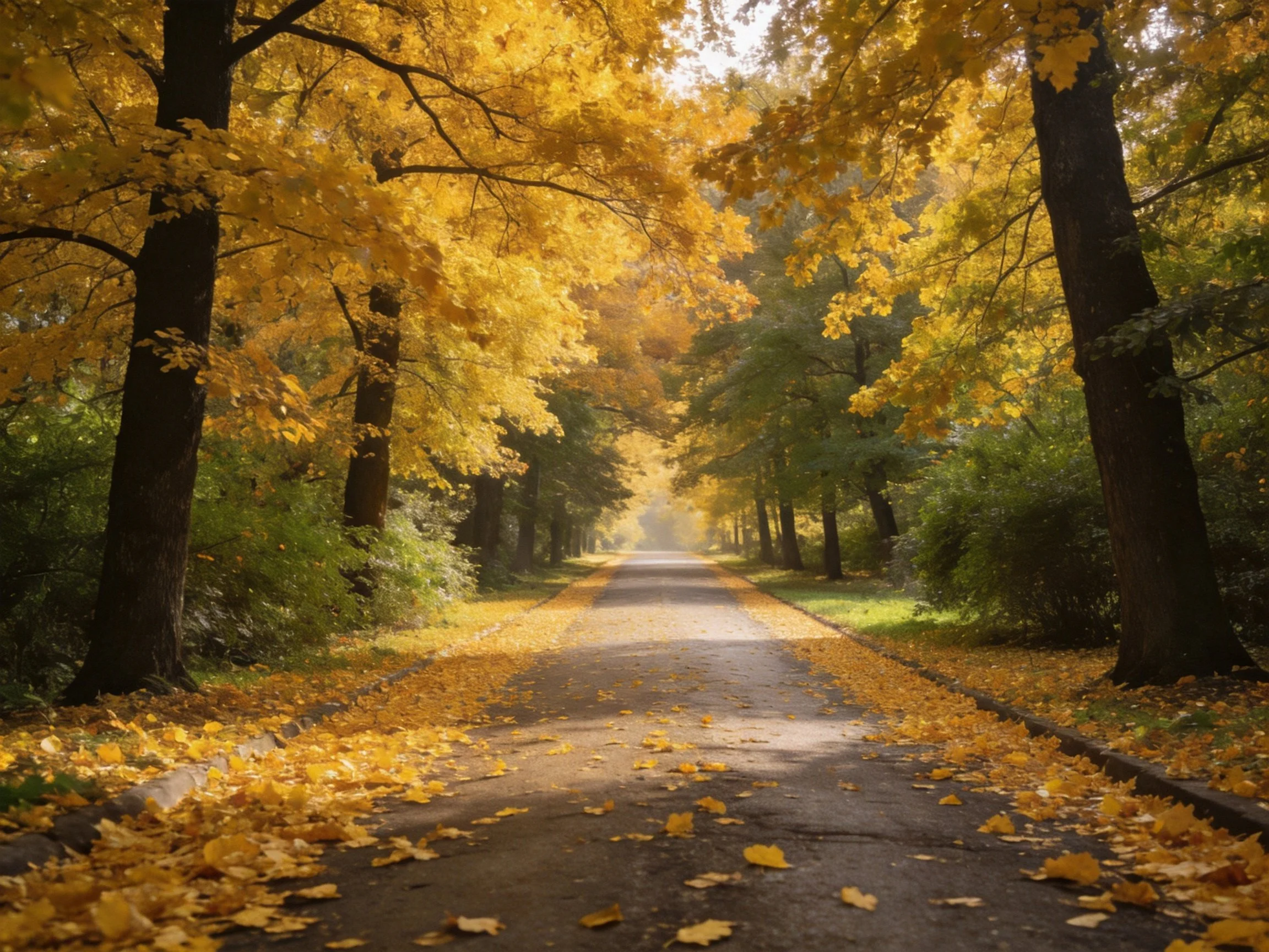 Golden autumn pathway framed by tall trees with golden foliage