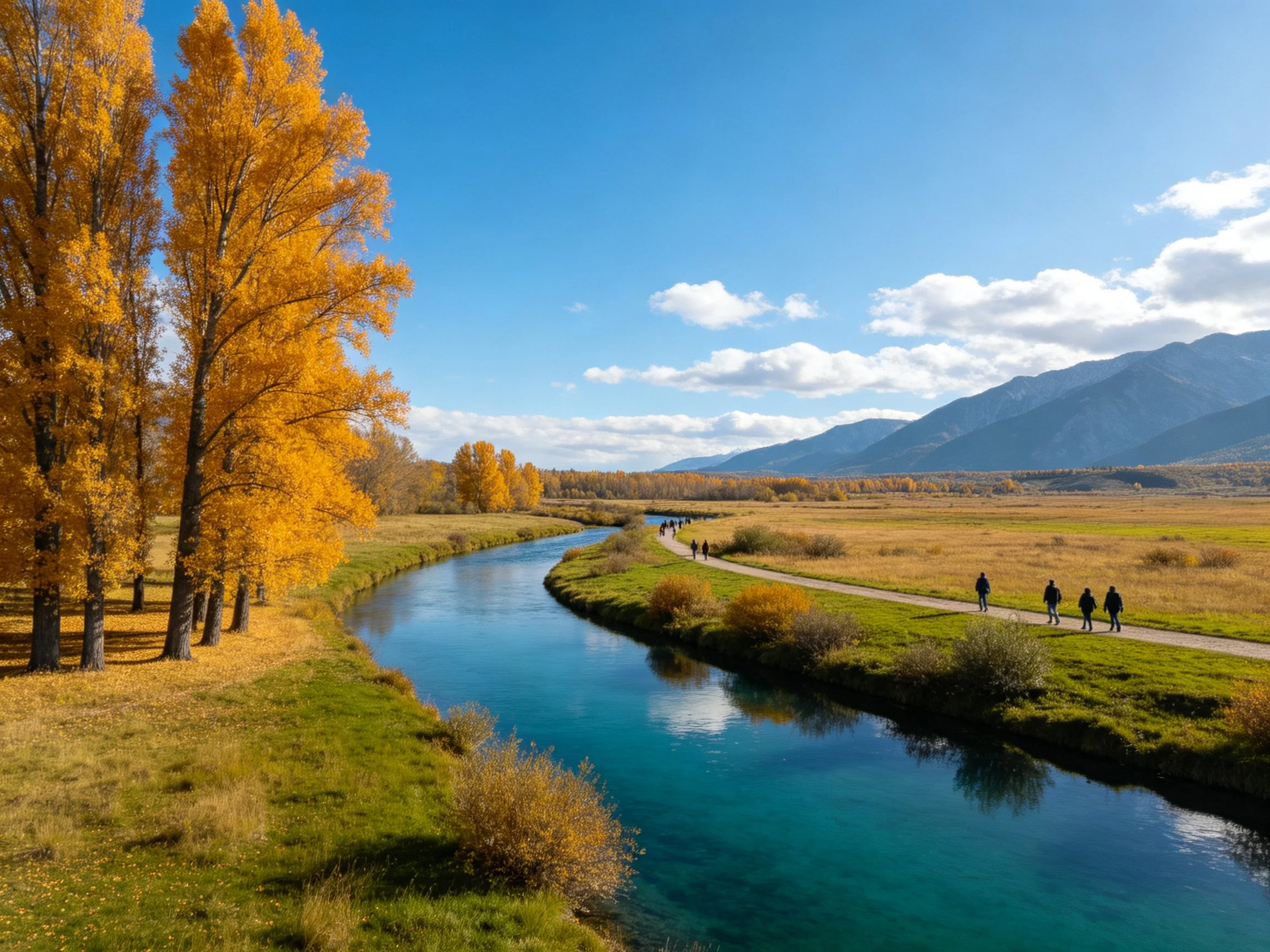 Golden autumn trees beside a winding blue river near mountains