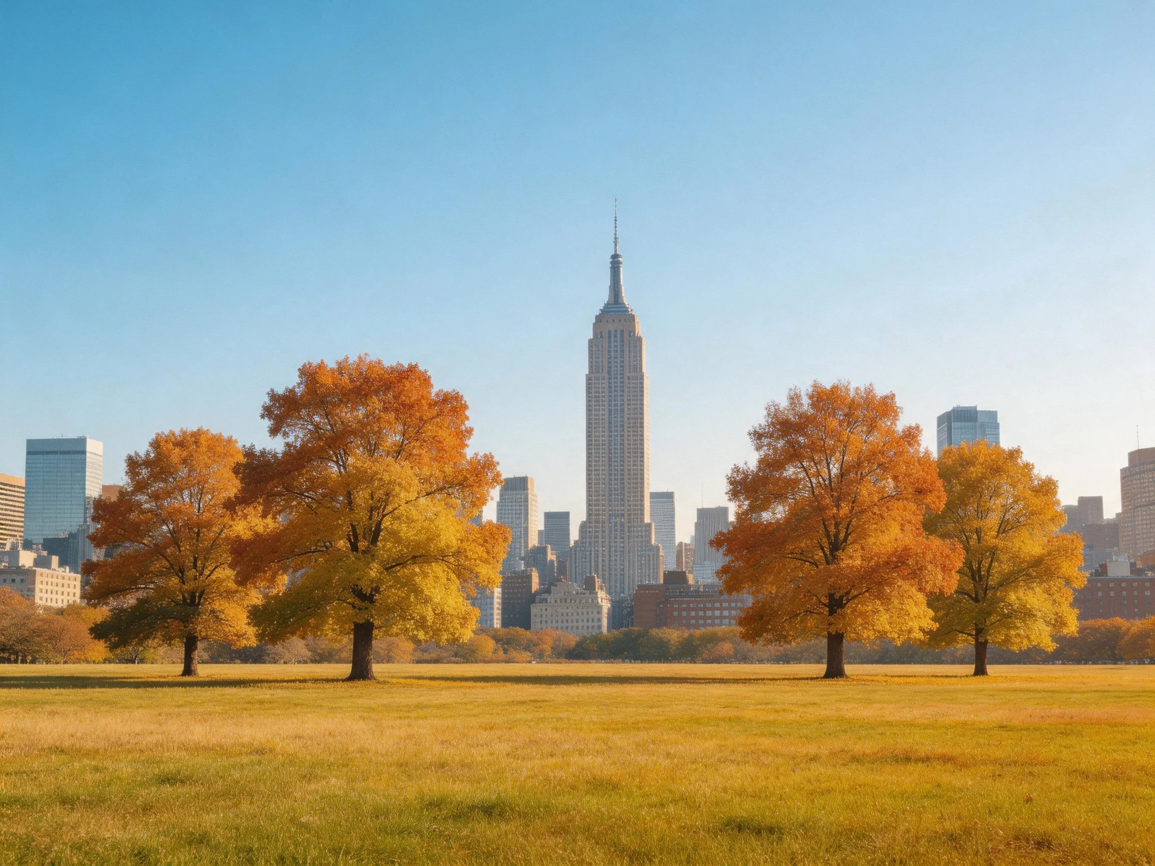 Golden autumn trees near a city skyline with a tall skyscraper