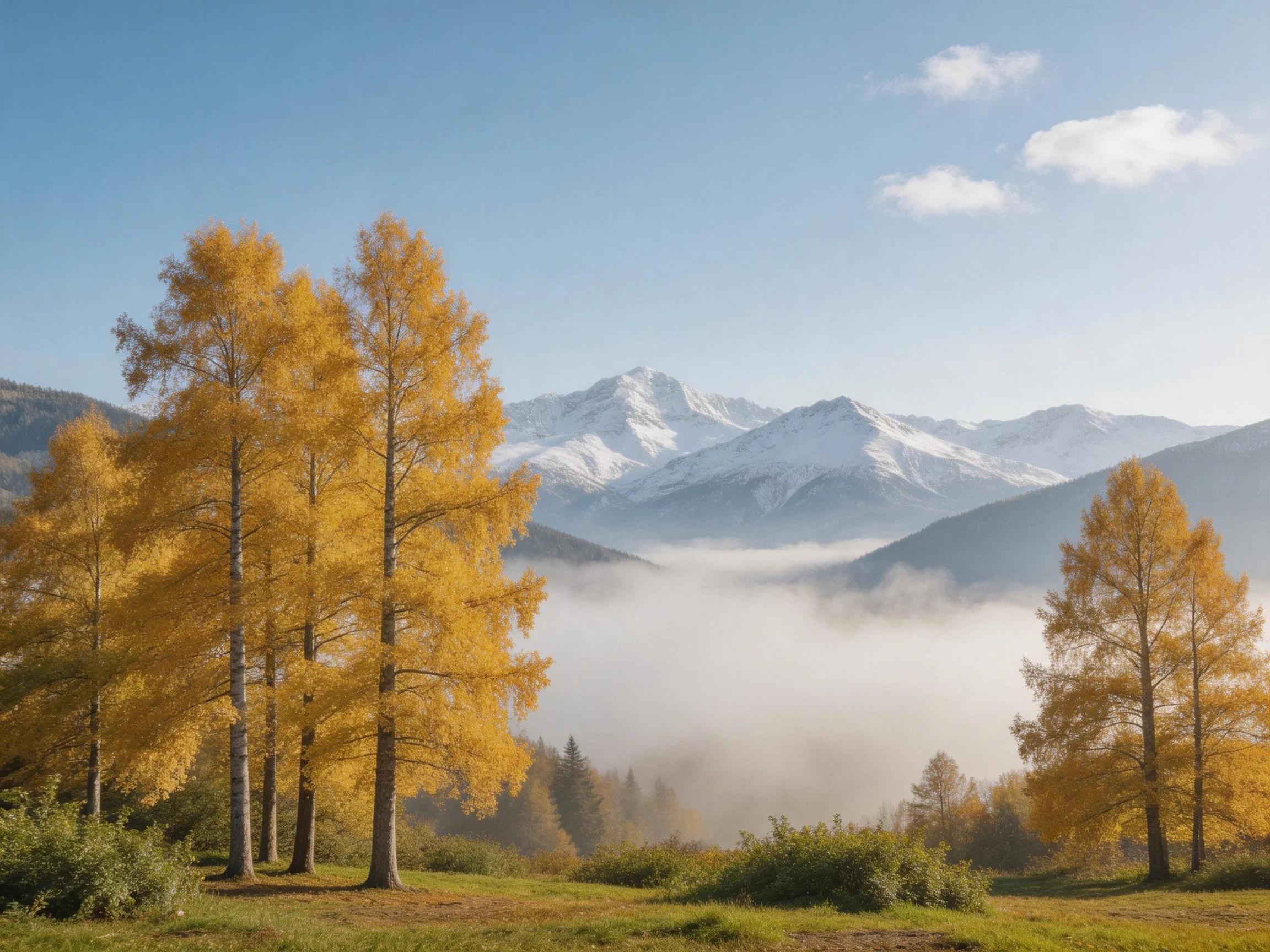 Golden autumn trees near snow-covered mountain peaks with morning fog