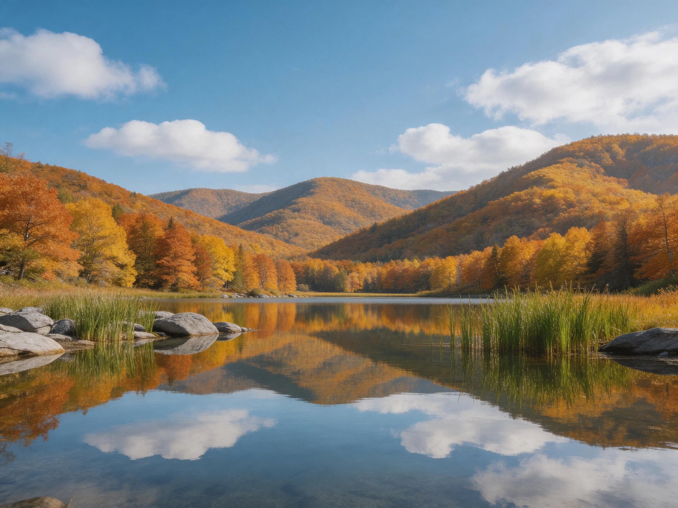Golden autumn trees reflect in calm lake near rolling hills