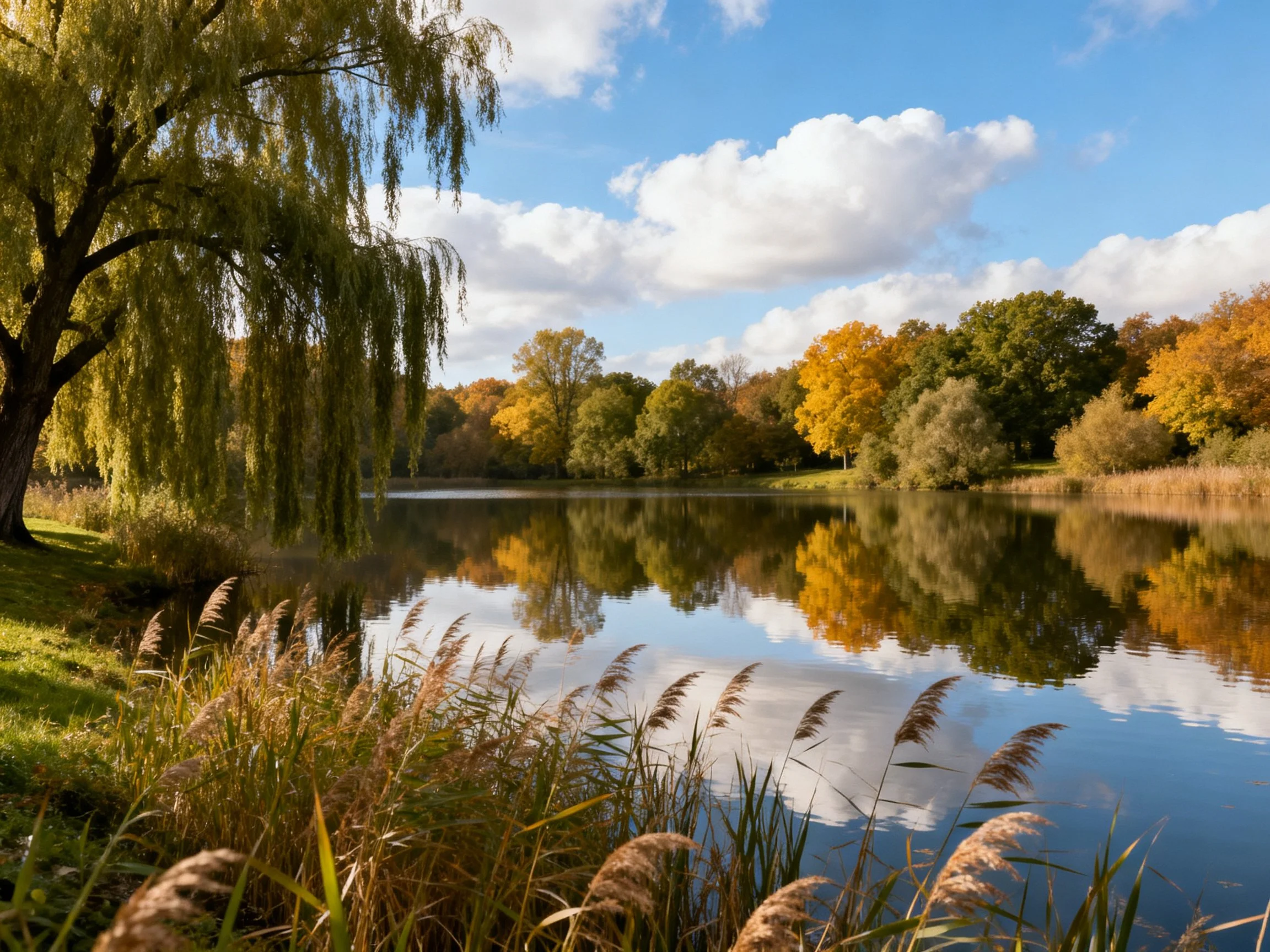 Golden autumn trees reflect in calm lake waters beside weeping willow