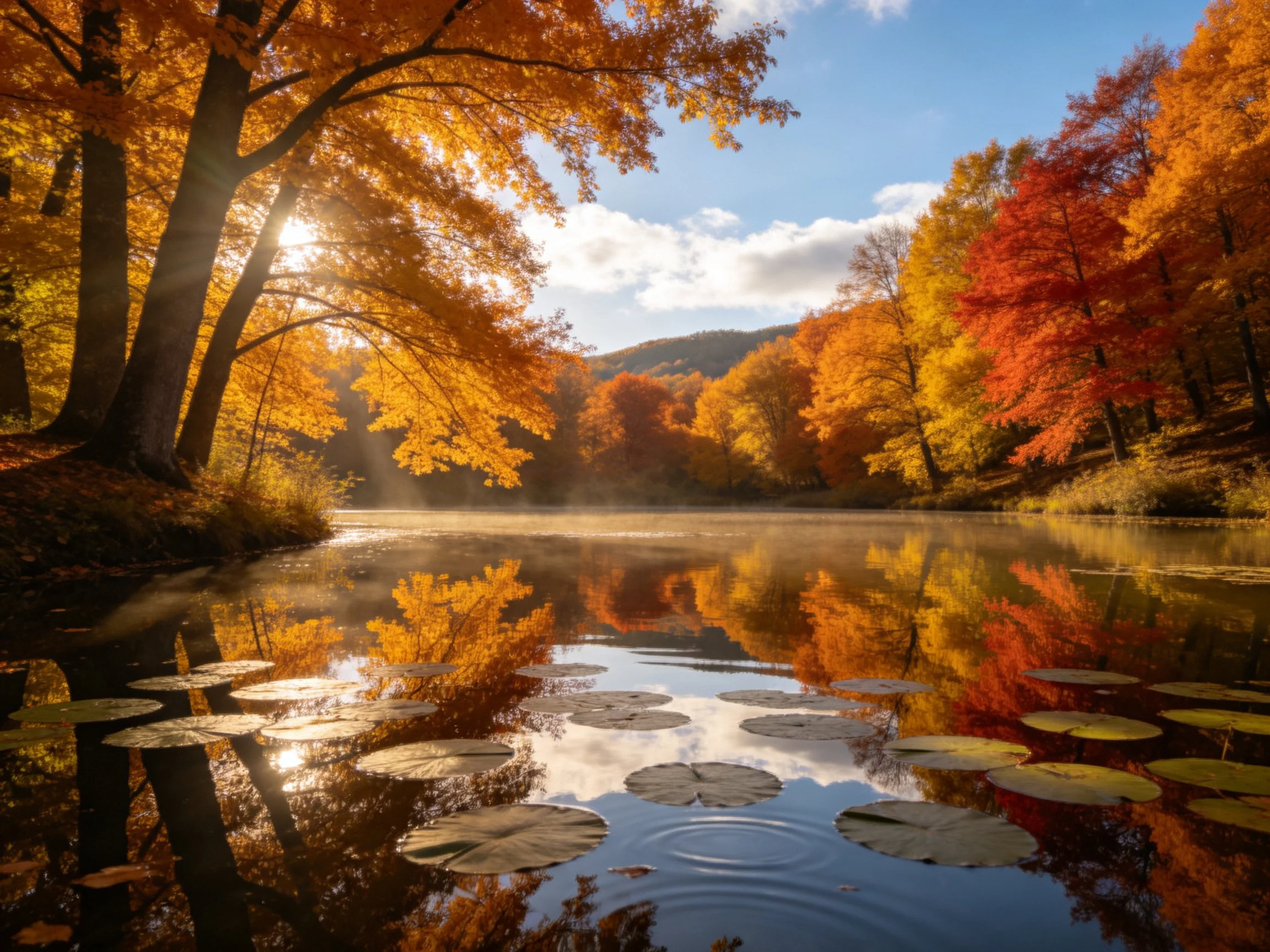 Golden autumn trees reflect in misty lake with lily pads.