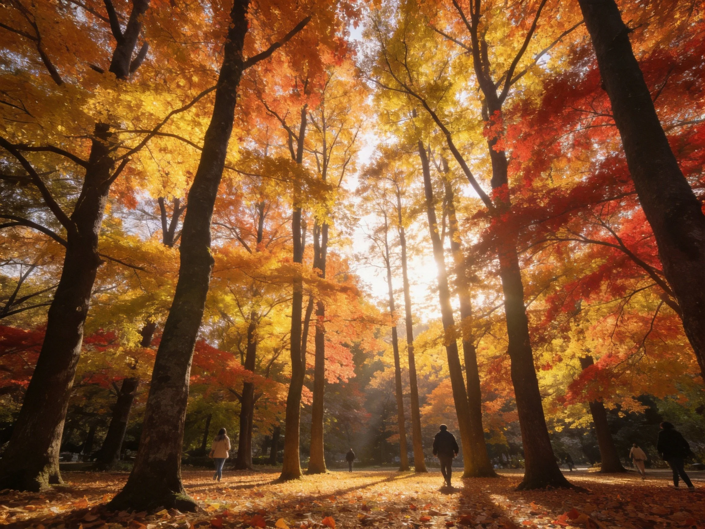 Golden, crimson, and amber trees fill an autumn forest bathed in sunlight.