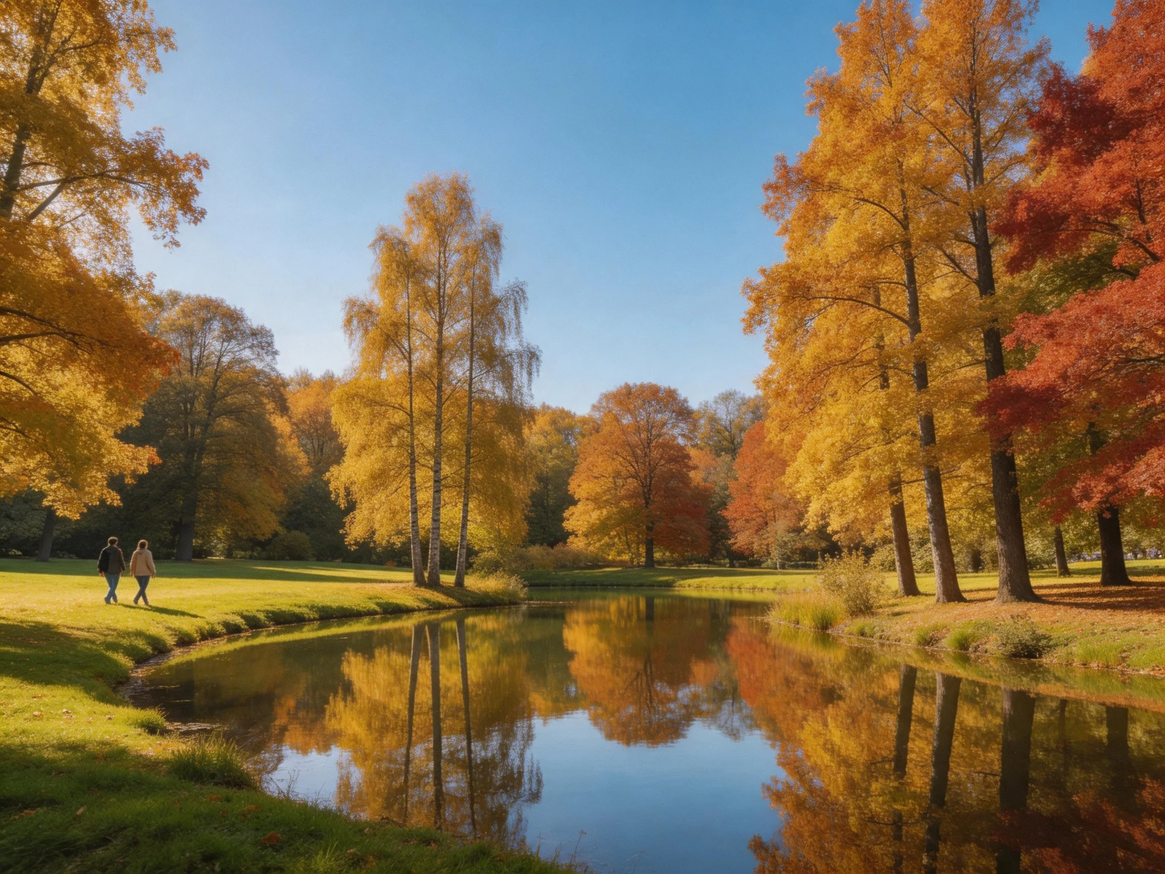 Golden, crimson, and amber trees surround a reflective pond in an autumn park