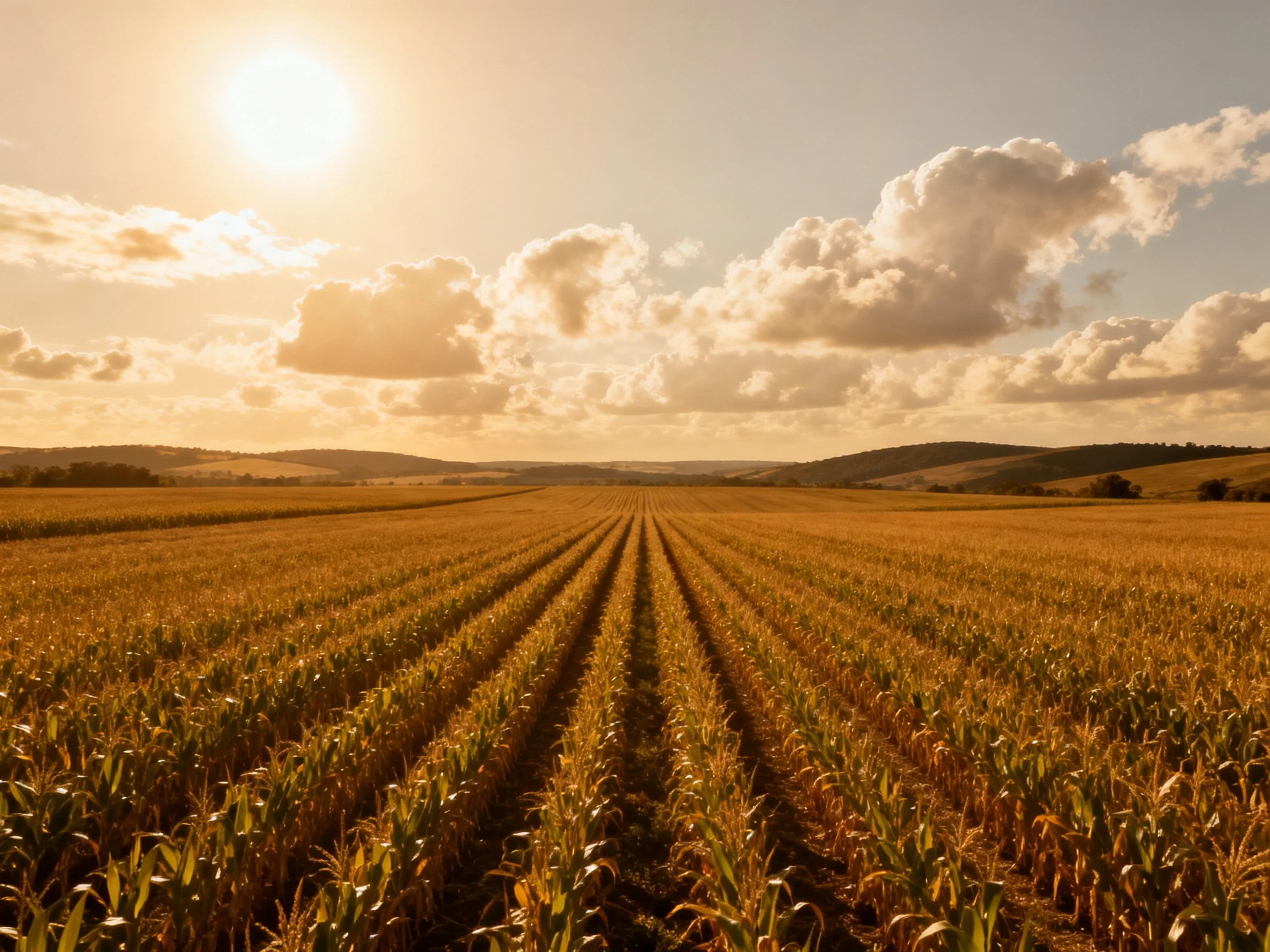 Golden crop fields stretch toward distant hills under bright sun