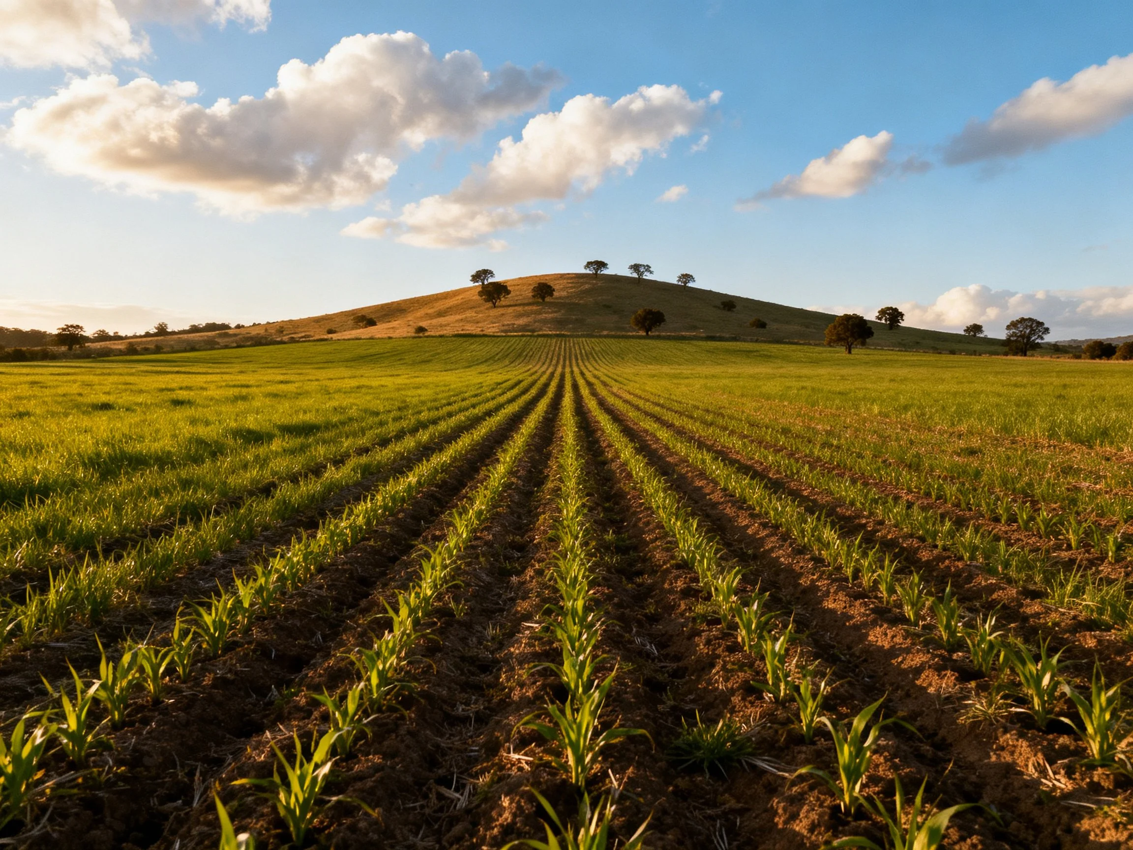Golden crop rows lead toward a tree-dotted hill under bright blue skies.