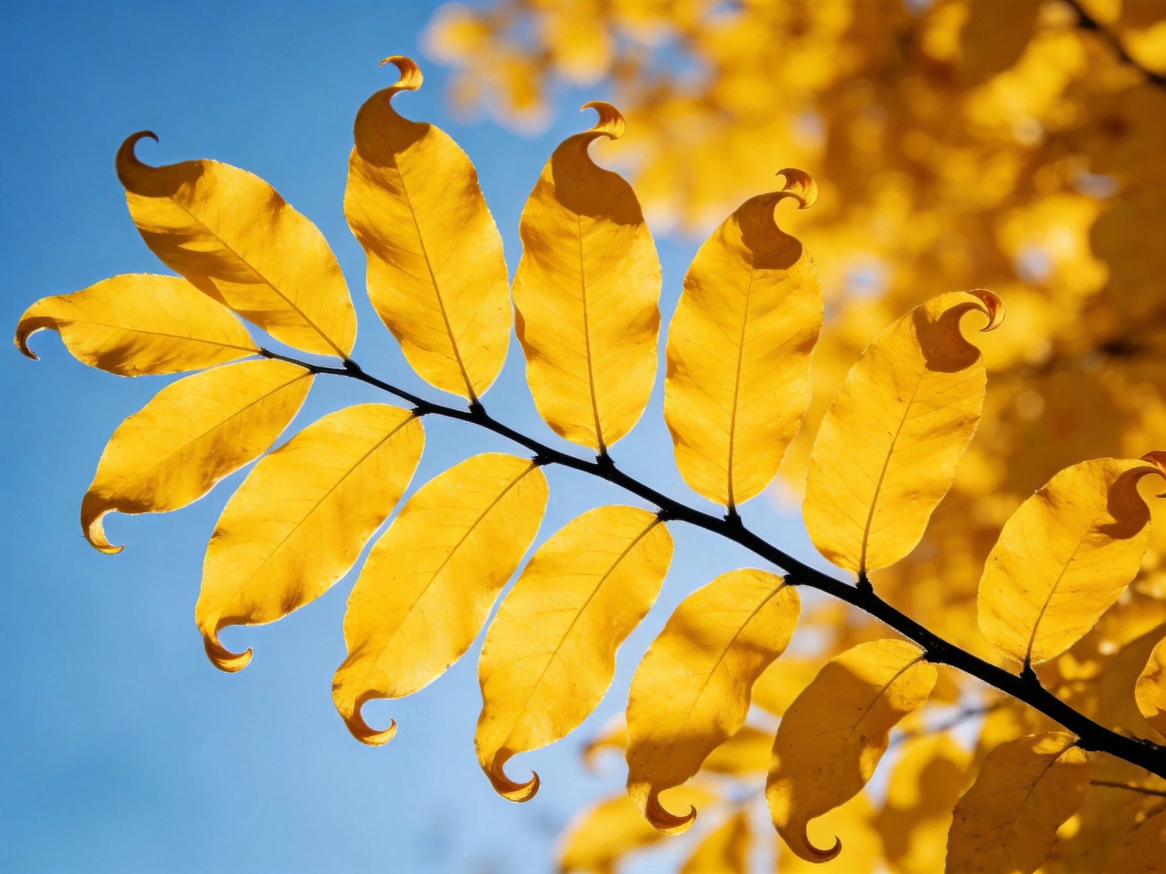 Golden curled leaves arranged along a dark branch