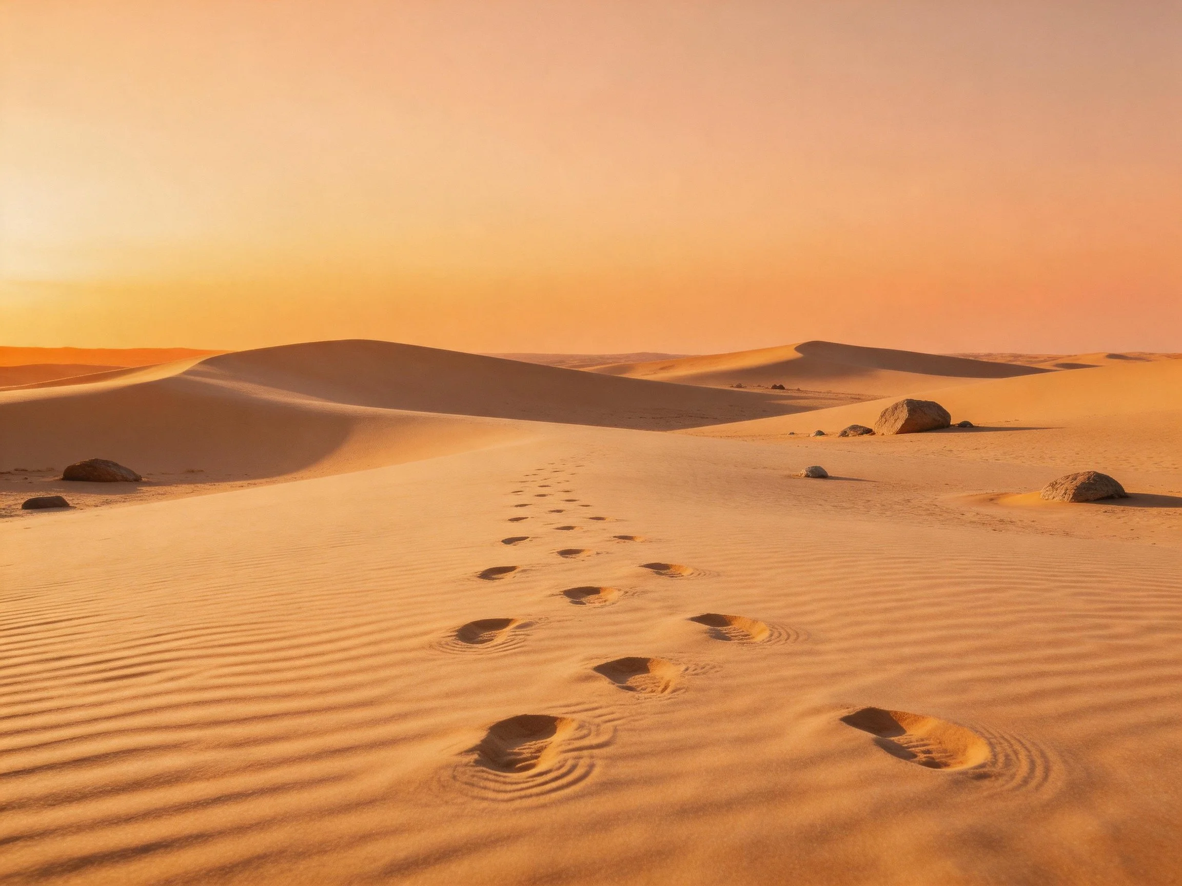 Golden desert sand dunes with footprints and rocky formations under warm sunset