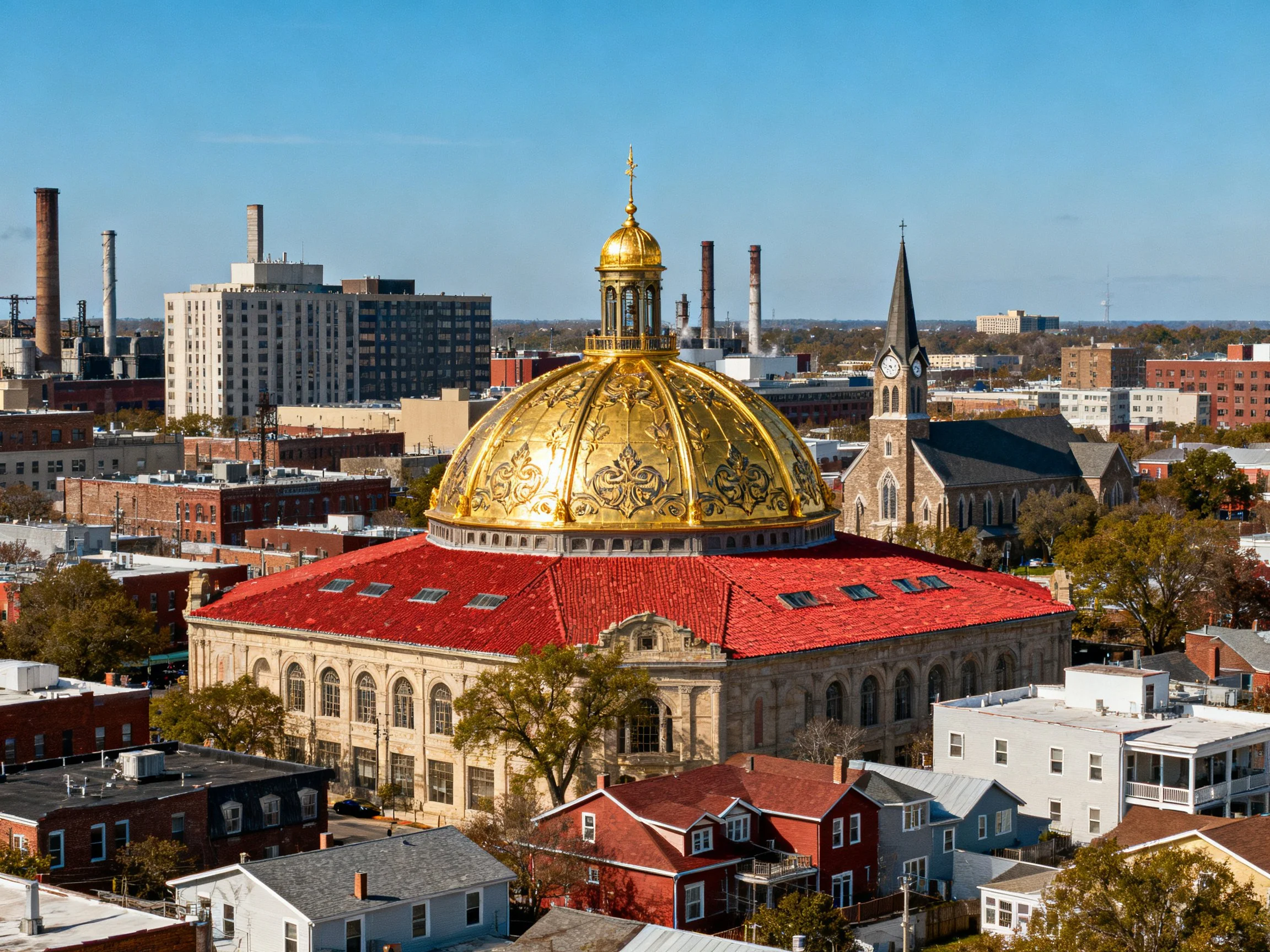 Golden-domed building with red roof amid urban architecture