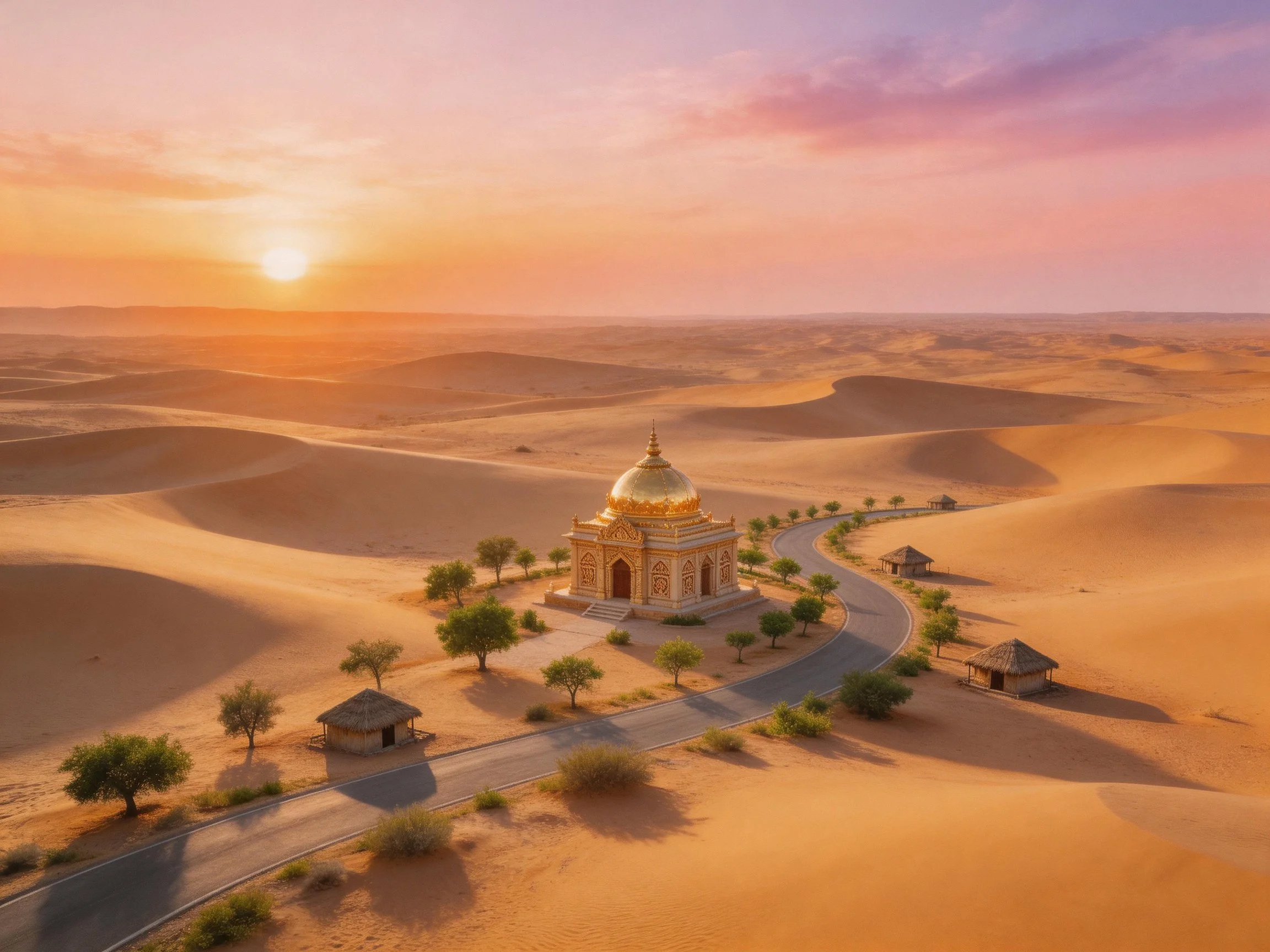 Golden domed temple in vast desert sand dunes at sunset