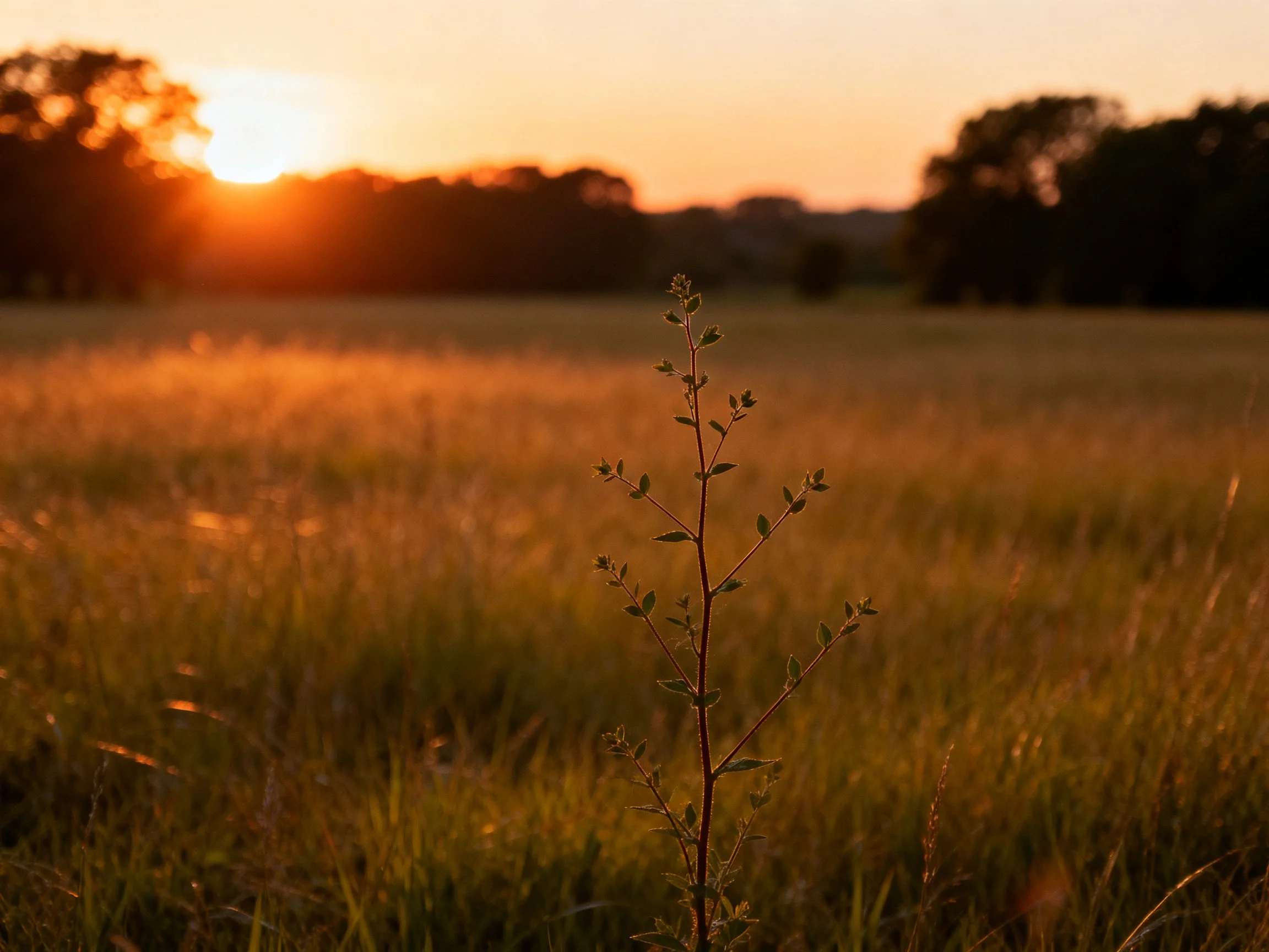 Golden field at sunset with a central plant