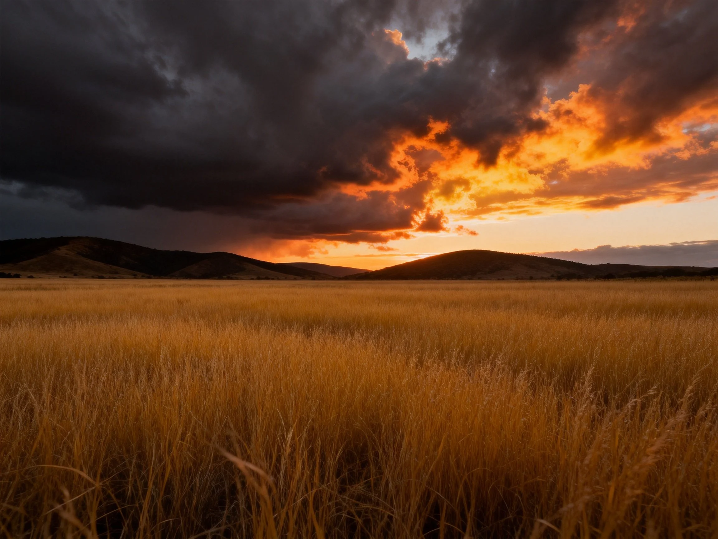 Golden field beneath dramatic sunset and stormy clouds
