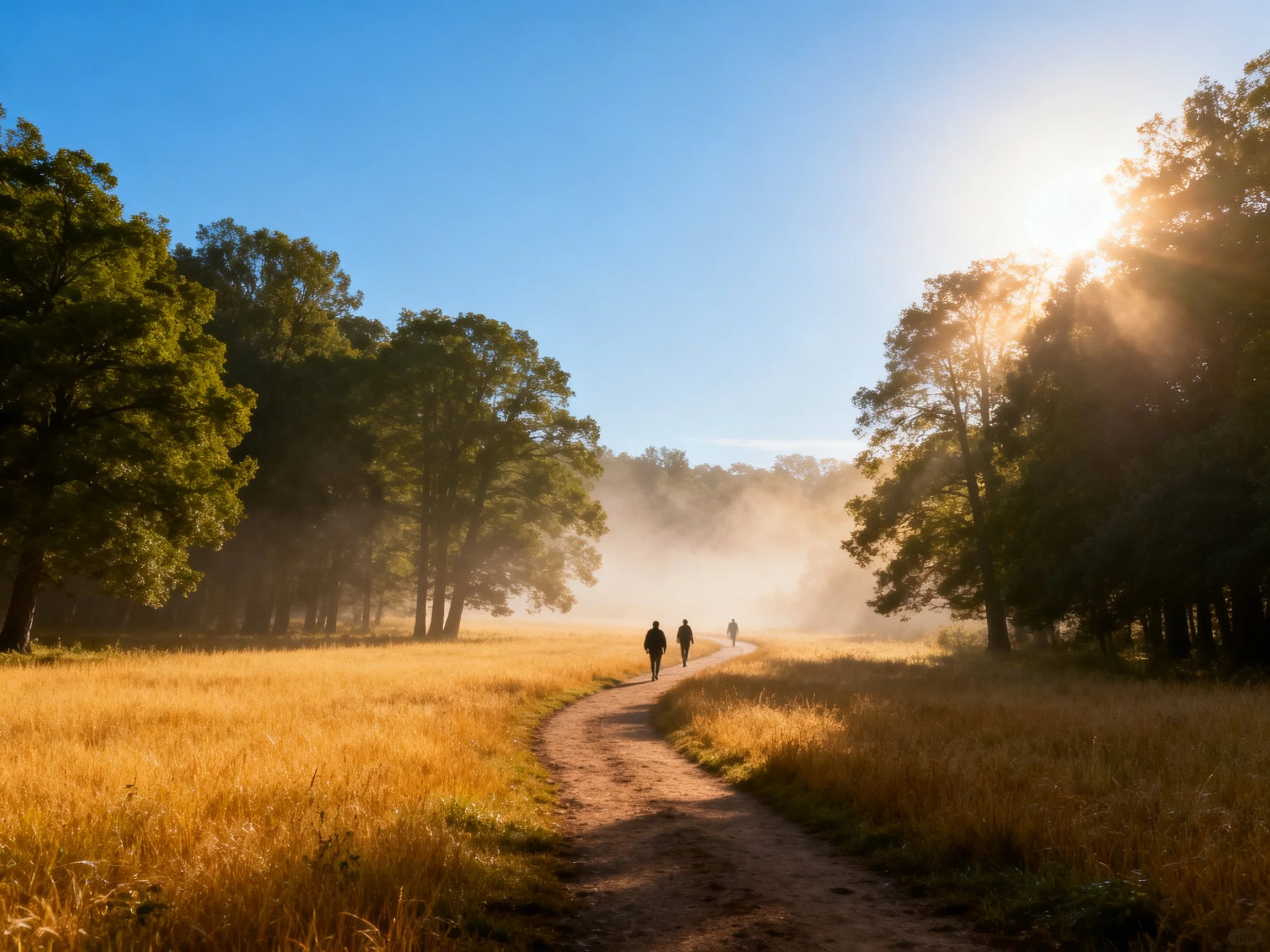Golden field path with walkers, morning mist, sunlit trees
