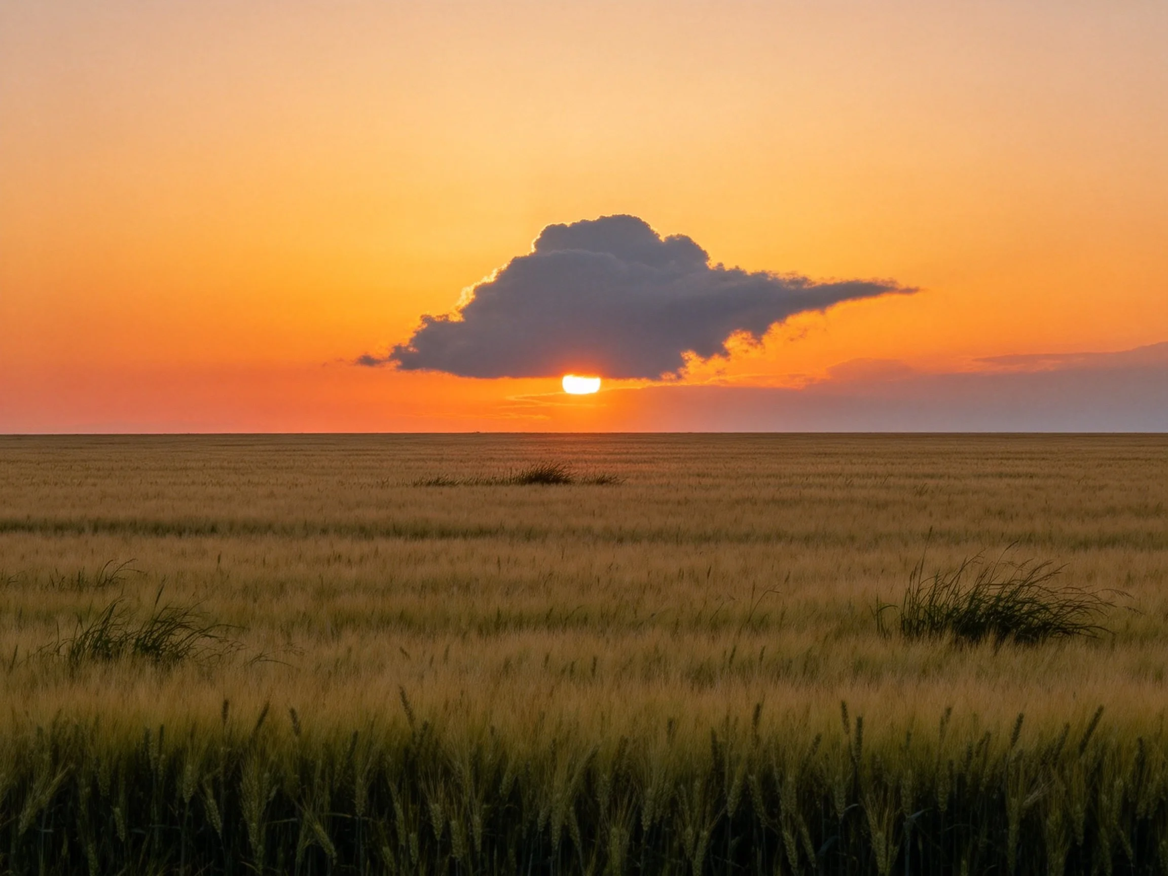 Golden field under vibrant orange sunset with large dark cloud