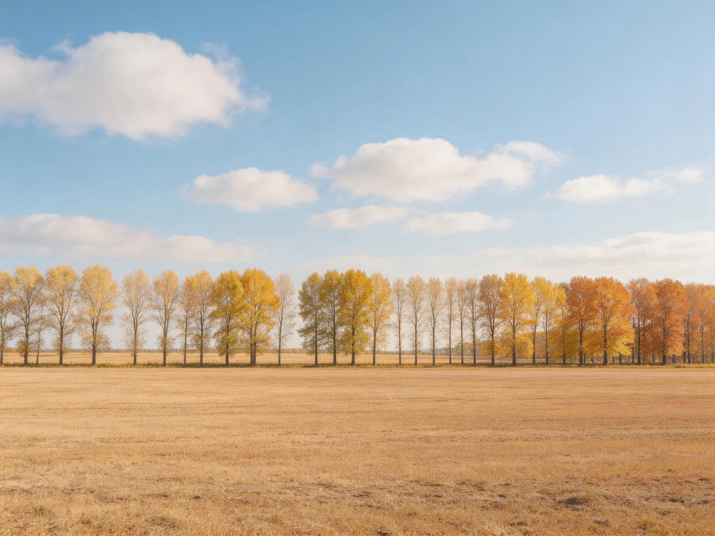 Golden field with autumn-colored tree row under blue sky