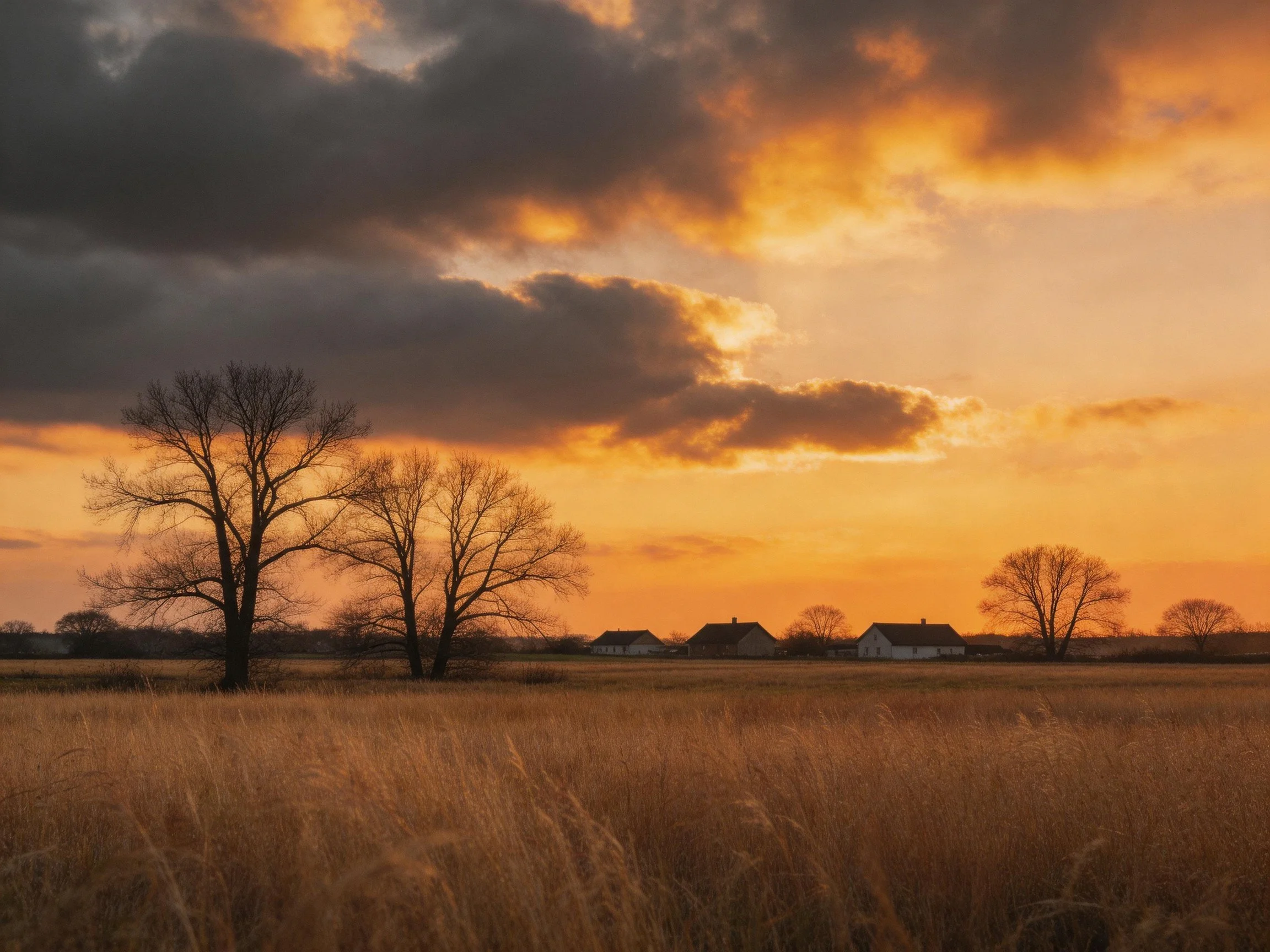 Golden field with bare trees, distant farmhouses, and vibrant sunset sky.