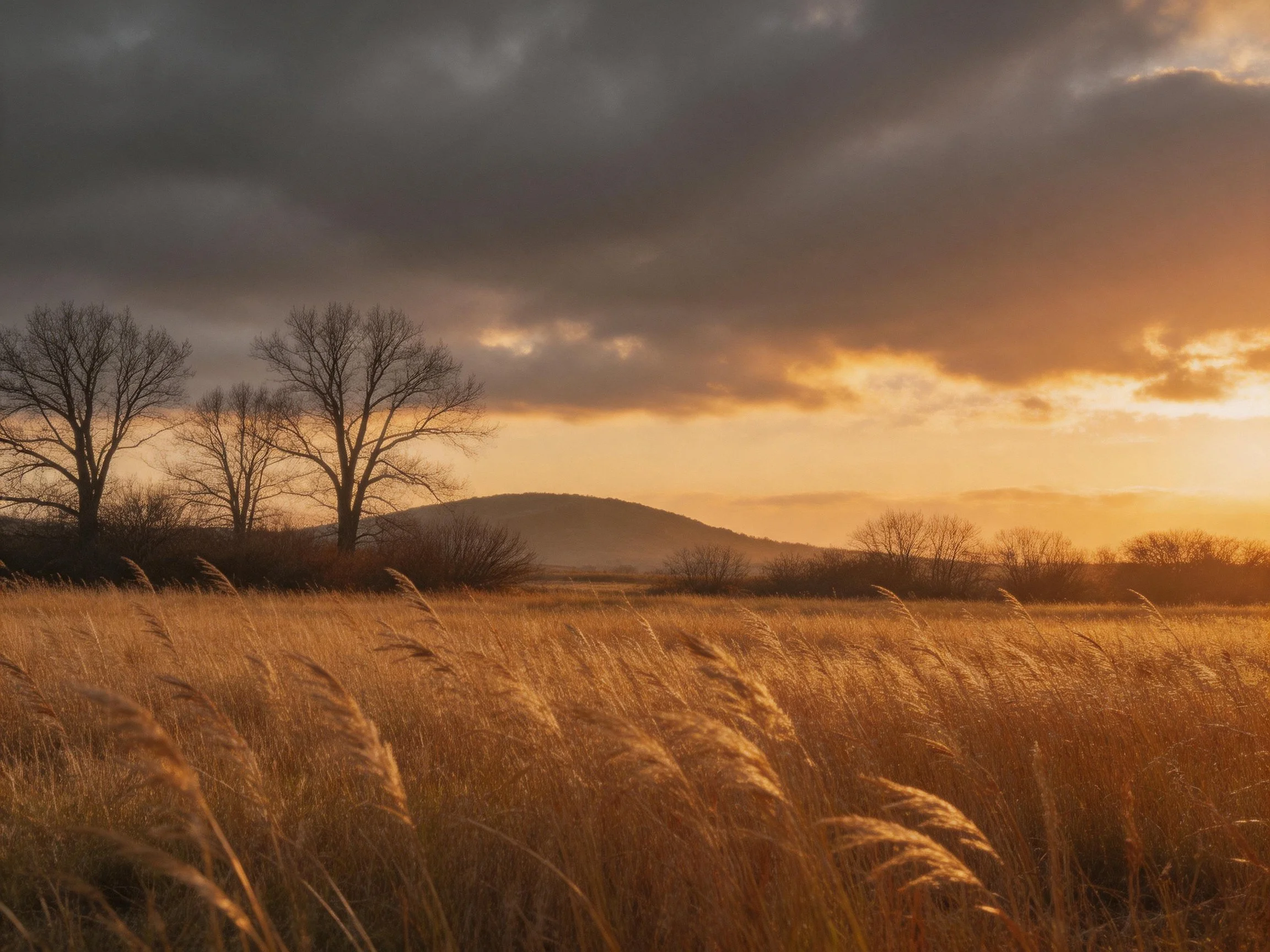 Golden field with bare trees under dramatic sunset sky
