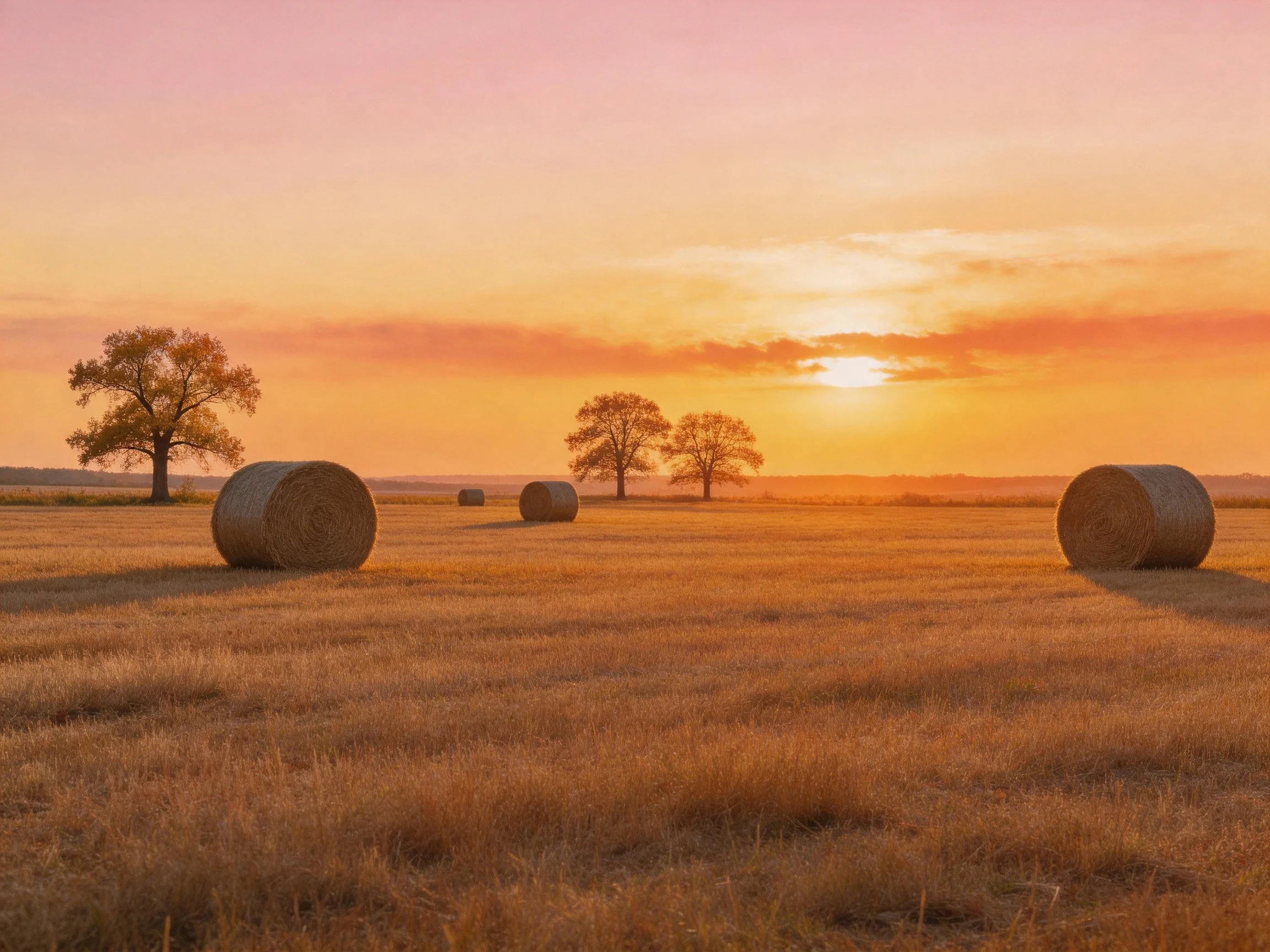 Golden field with large hay bales under a vibrant sunset sky